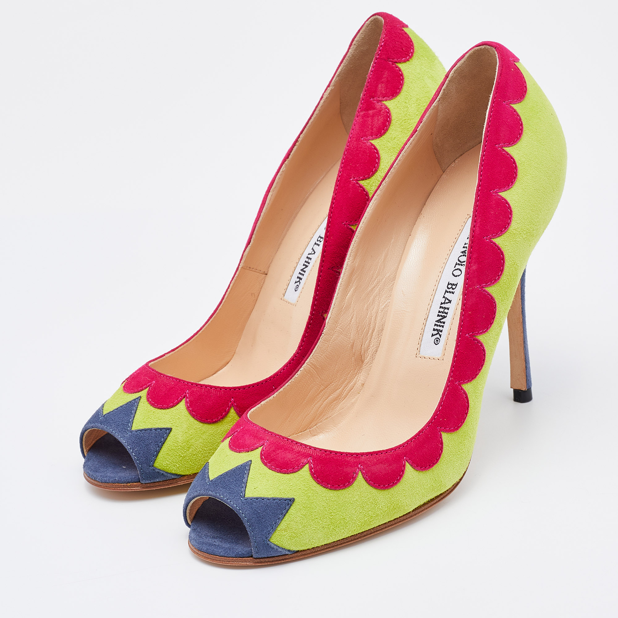 

Manolo Blahnik Multicolor Suede Peep Toe Pumps Size