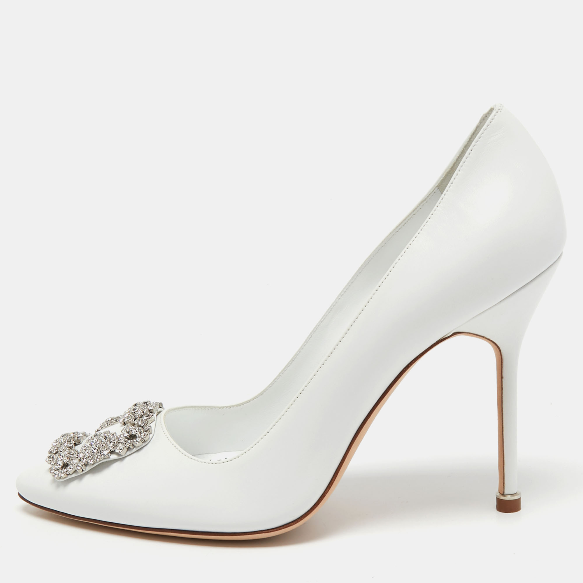 Pre-owned Manolo Blahnik White Leather Hangisi Pumps Size 40
