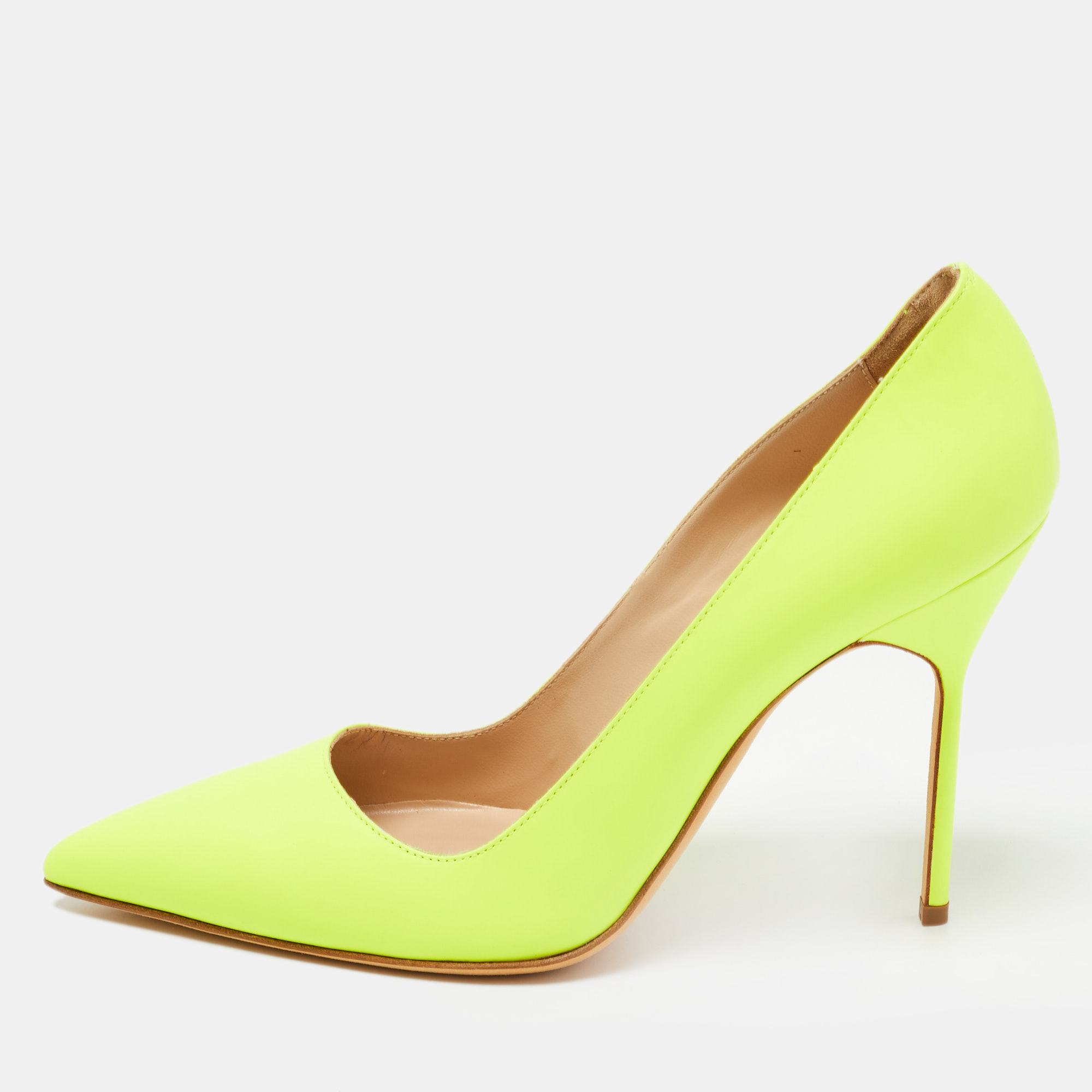 Pre-owned Manolo Blahnik Neon Yellow Leather Bb Pumps Size 40