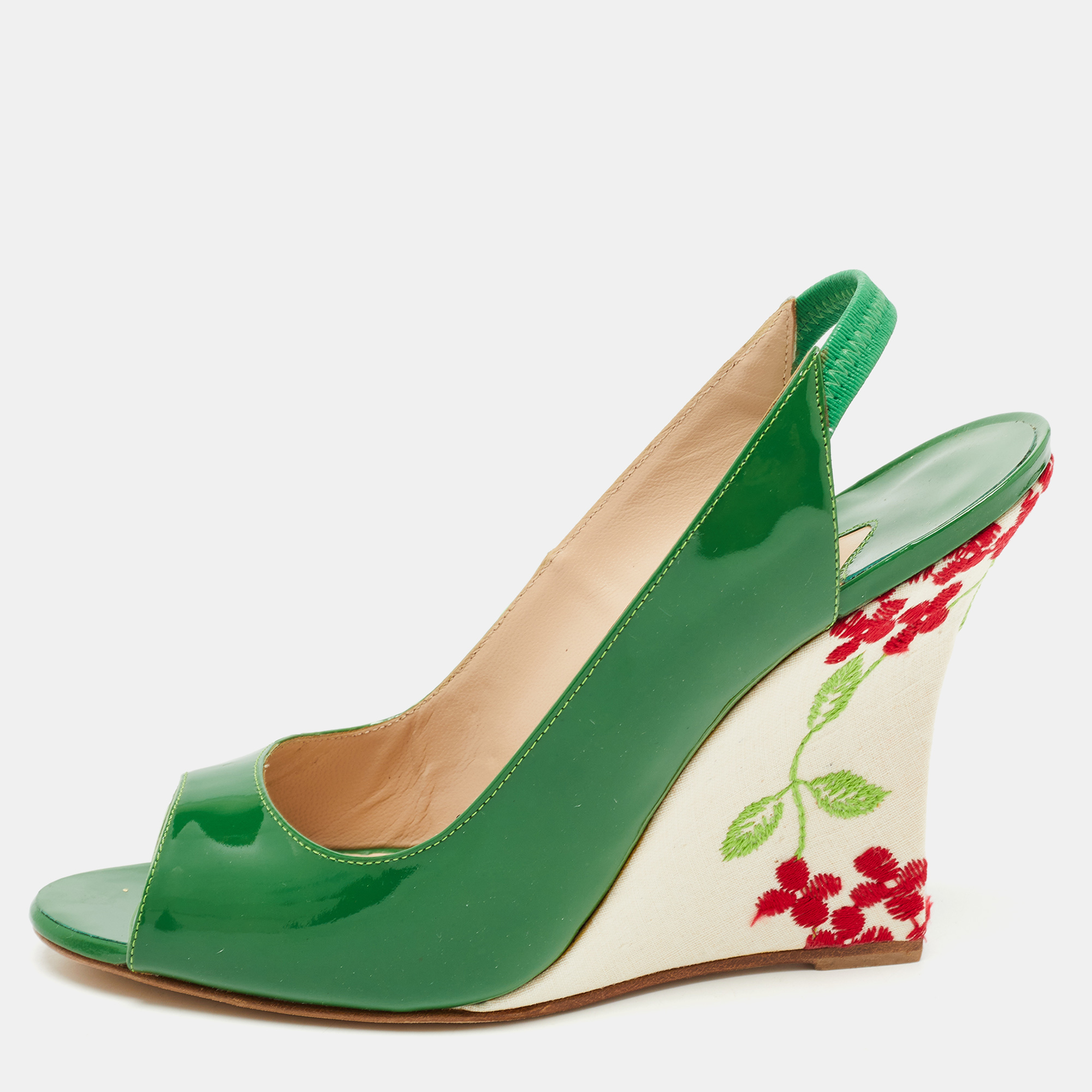 Pre-owned Manolo Blahnik Green Patent Leather Maniapla Embroidered Wedge Sandals Size 38.5