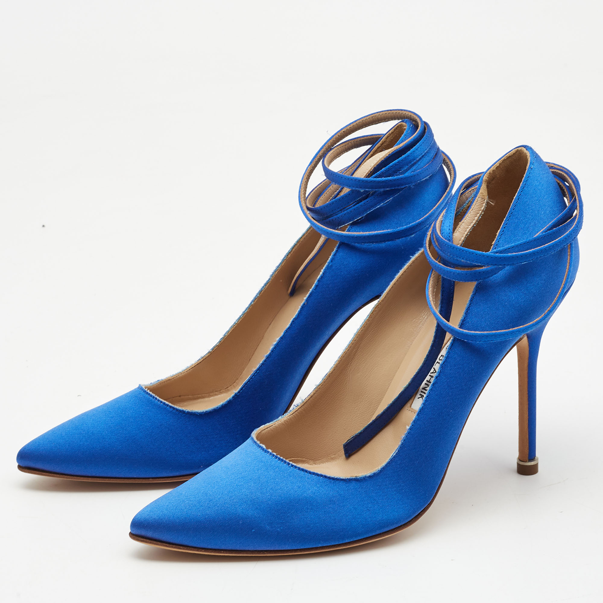 

Manolo Blahnik x Vetements Blue Satin Ankle Wrap Pumps Size