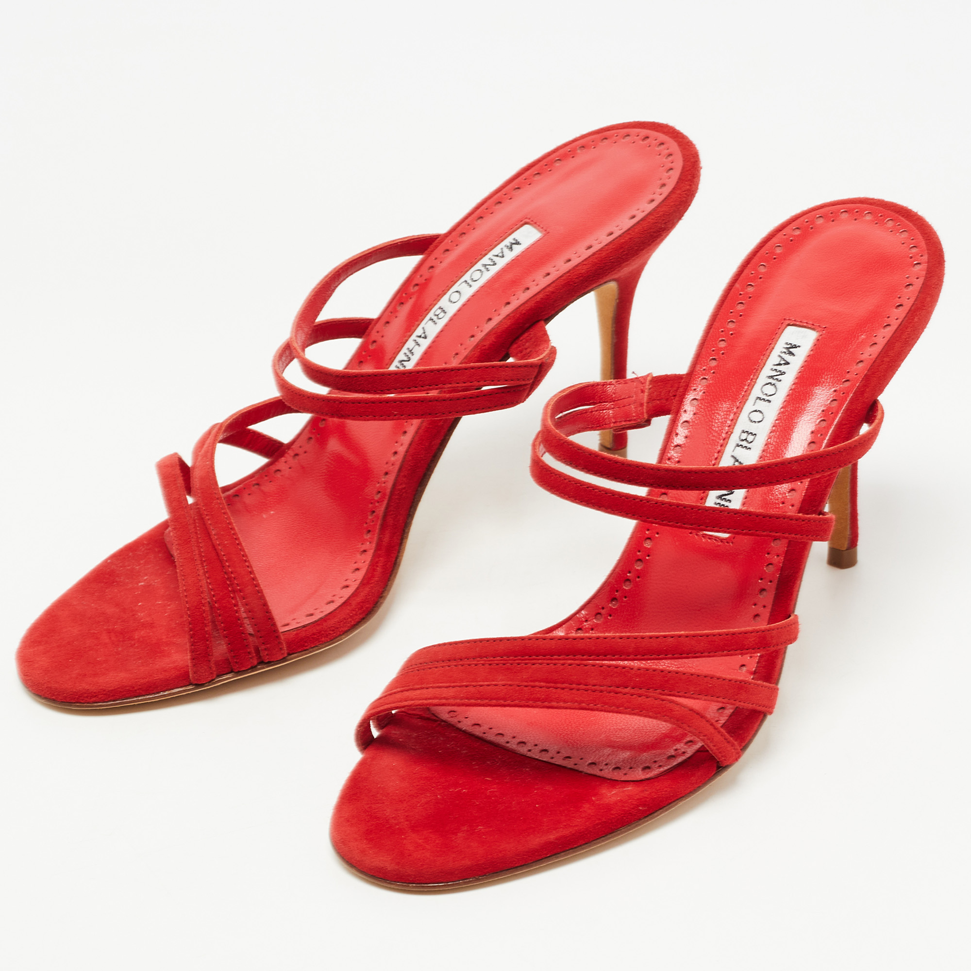 

Manolo Blahnik Red Suede Strappy Slides Size