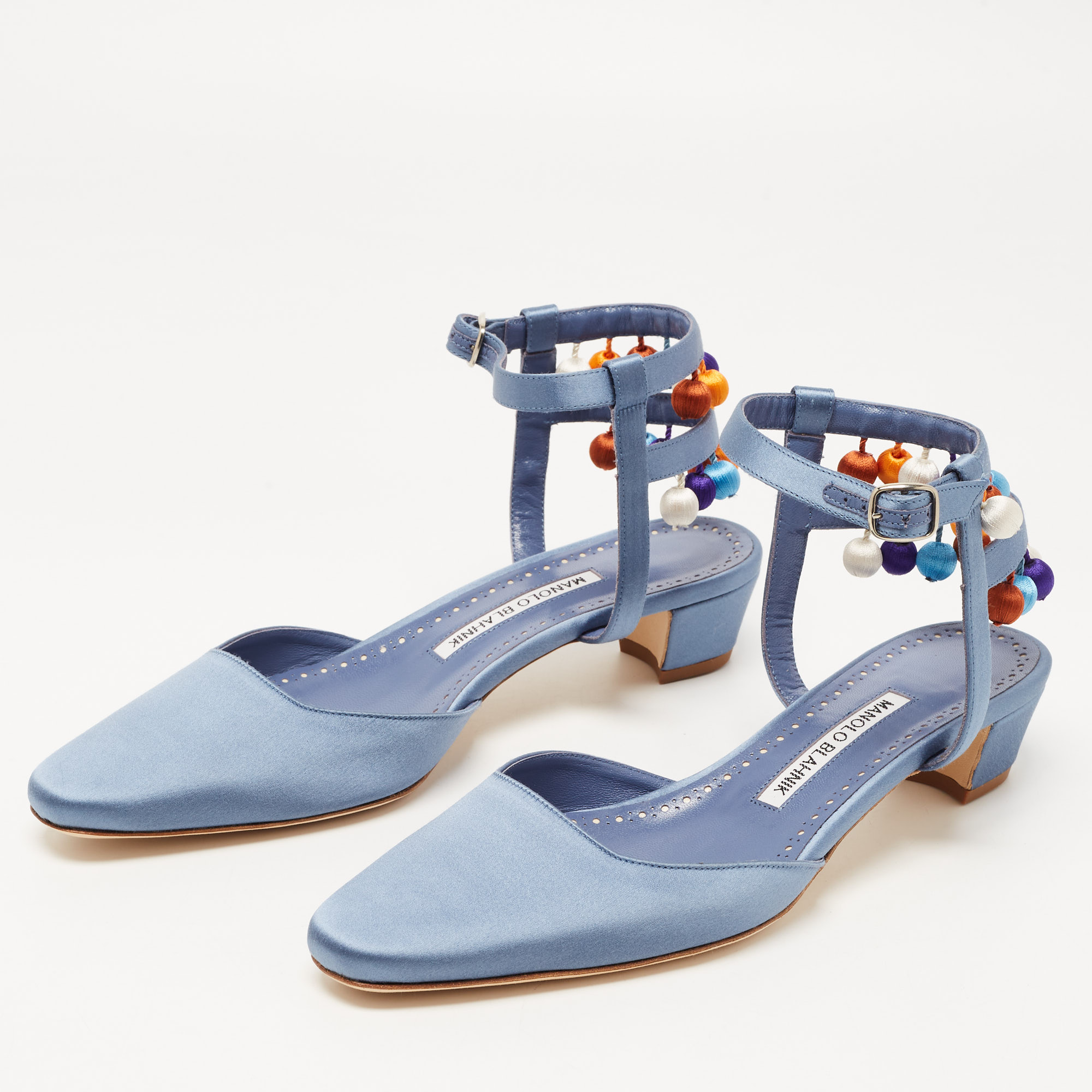 

Manolo Blahnik Blue Satin Ankle Strap Sandals Size