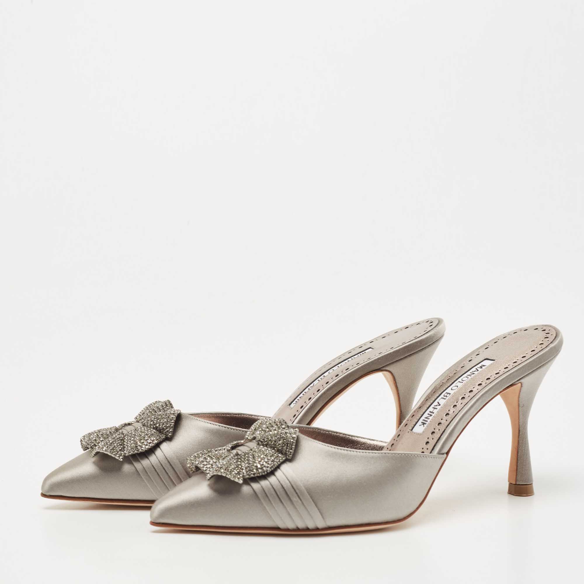 

Manolo Blahnik Grey Satin Hangisimu Mules Size