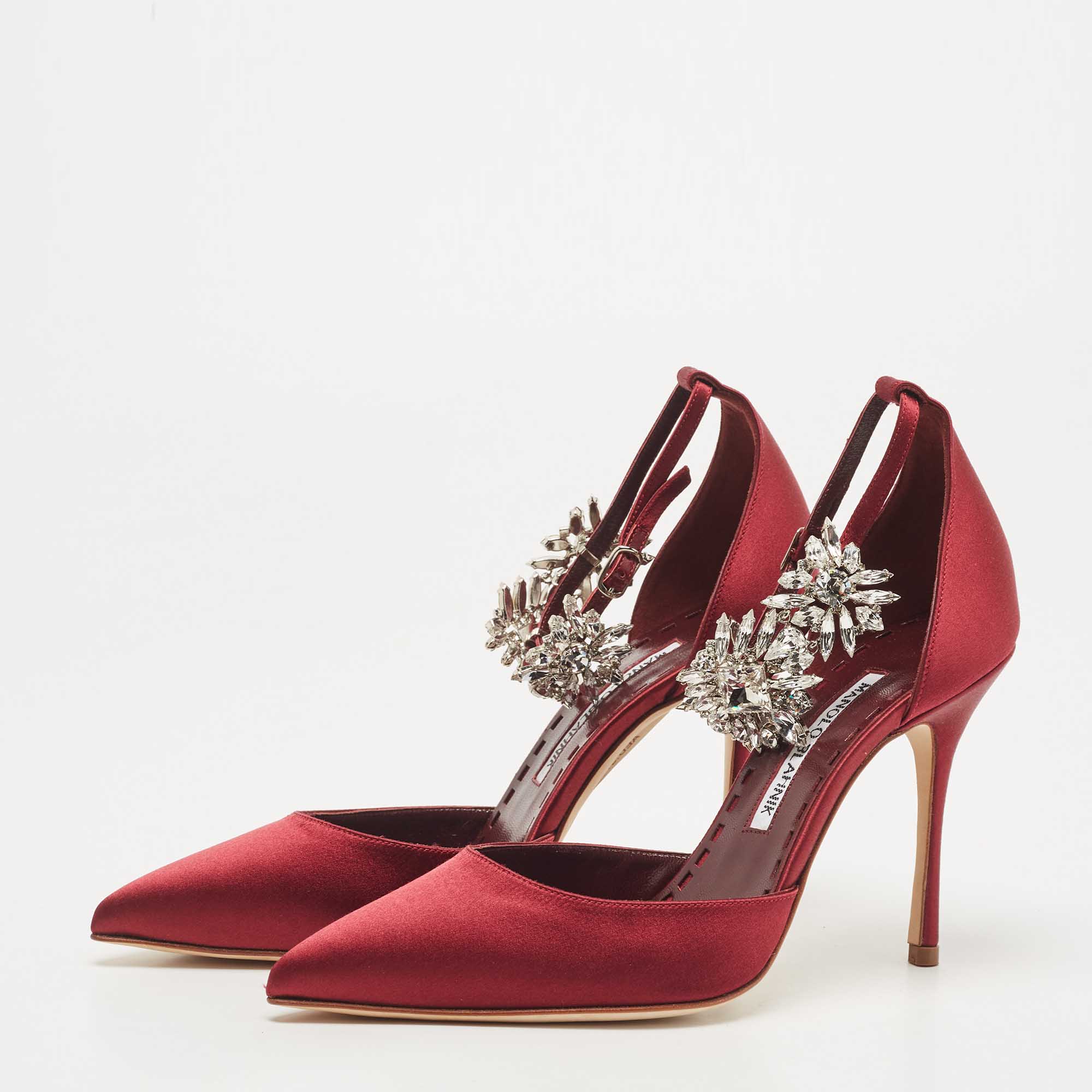 

Manolo Blahnik Burgundy Satin Sicariata Crystal Embellished Ankle Cuff Pumps Size