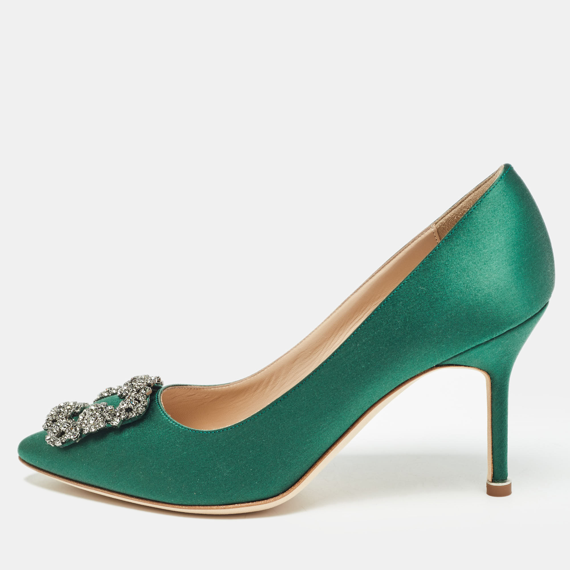Pre-owned Manolo Blahnik Green Satin Hangisi Crystal Embellished Pointed Toe Pumps Size 37.5