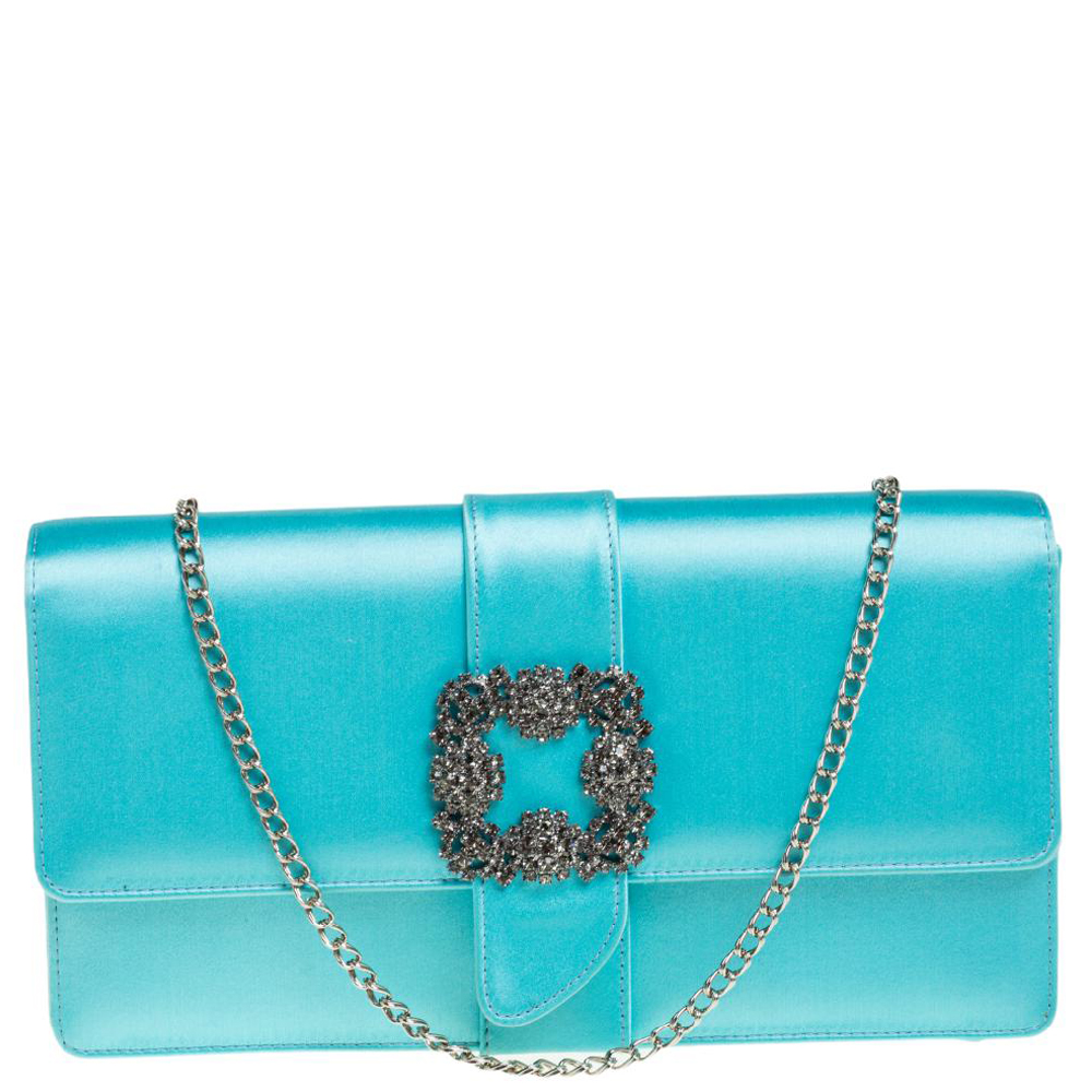 Manolo Blahnik Blue Satin Capri Chain Clutch
