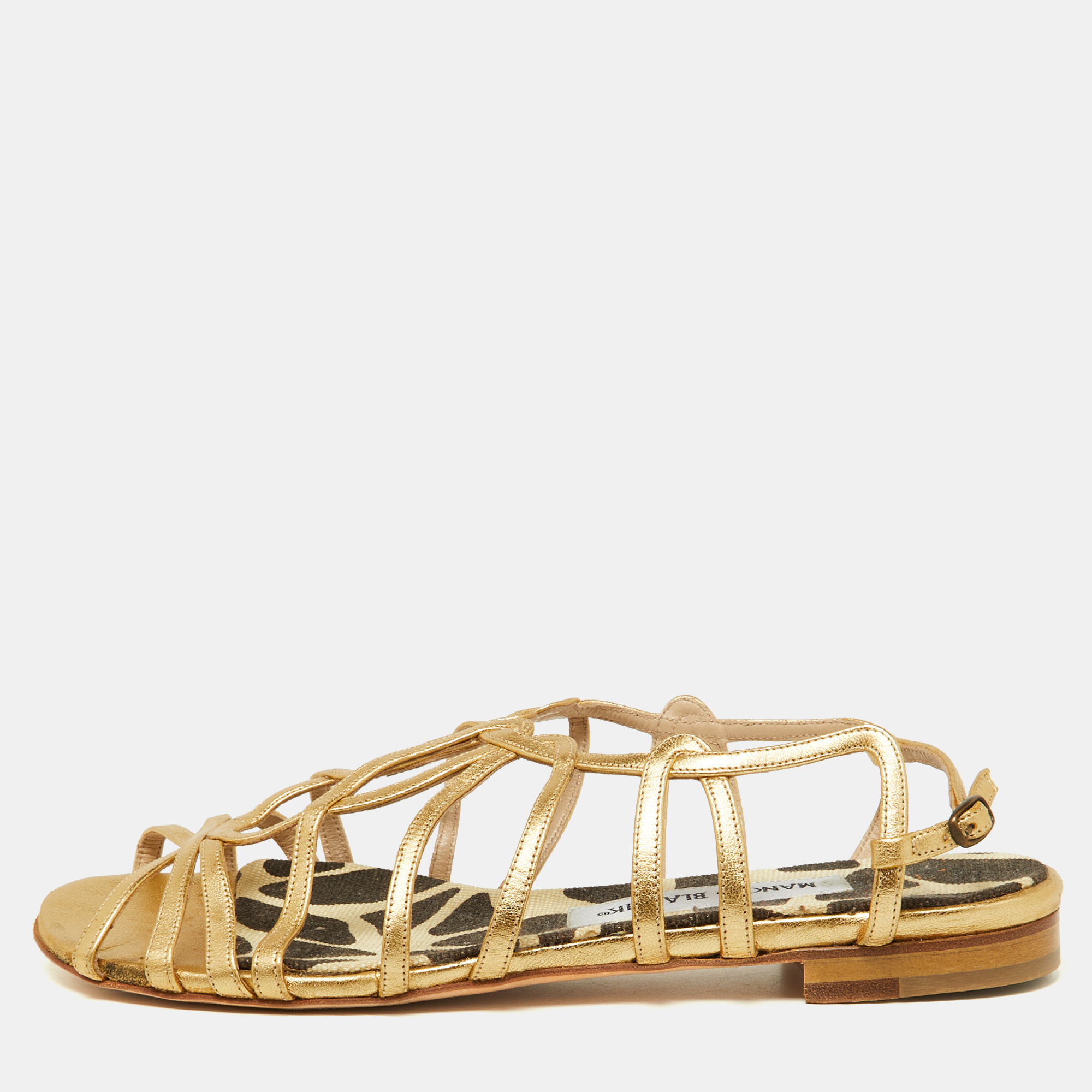 

Manolo Blahnik Gold Leather Strappy Flat Sandals Size