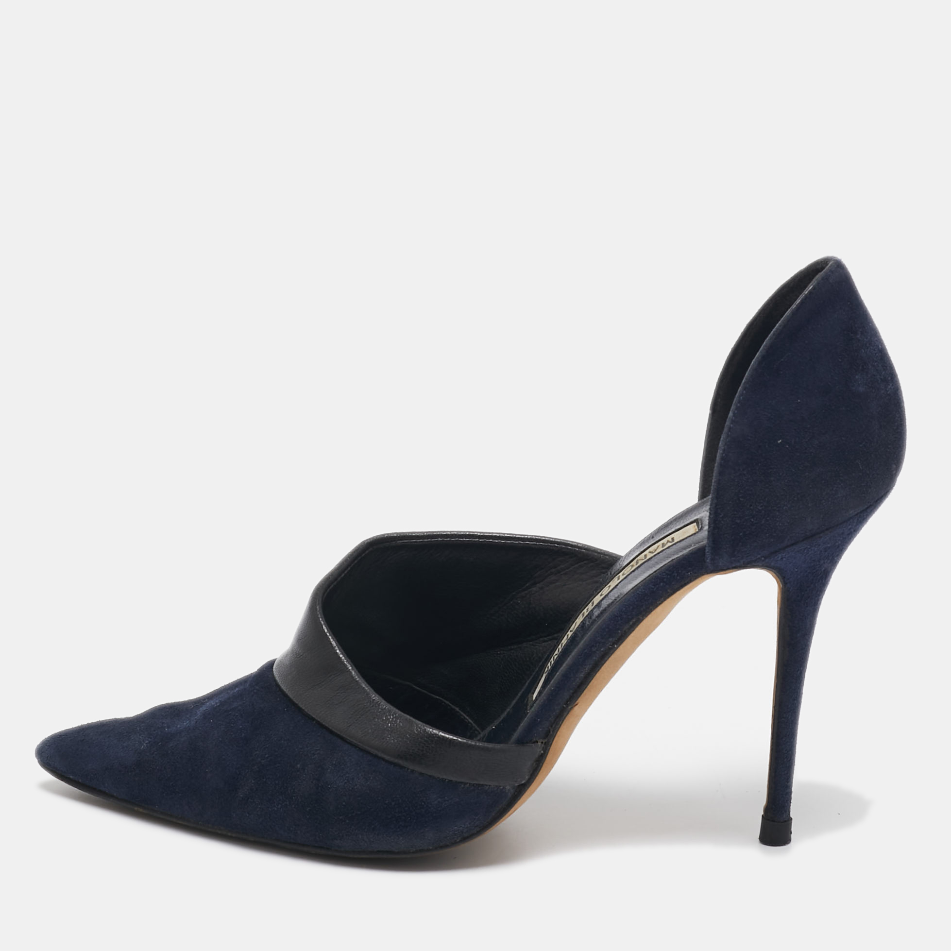 

Manolo Blahnik Navy Blue/Black Suede and Leather D'orsay Pumps Size