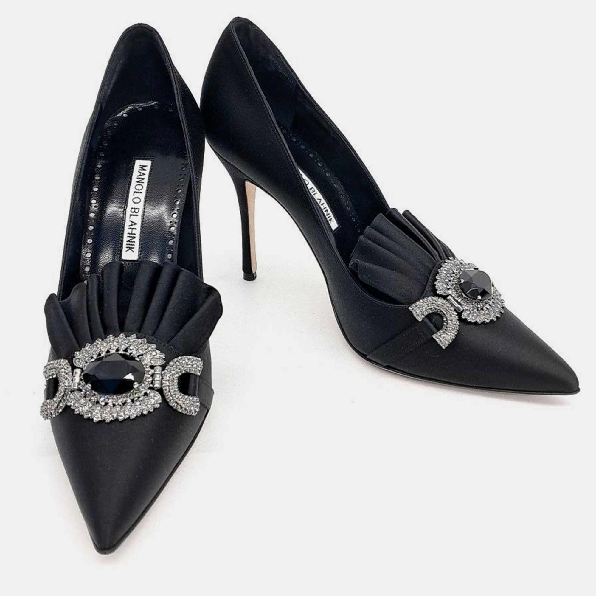 

Manolo Blahnik Black Satin Embellished Pumps Size