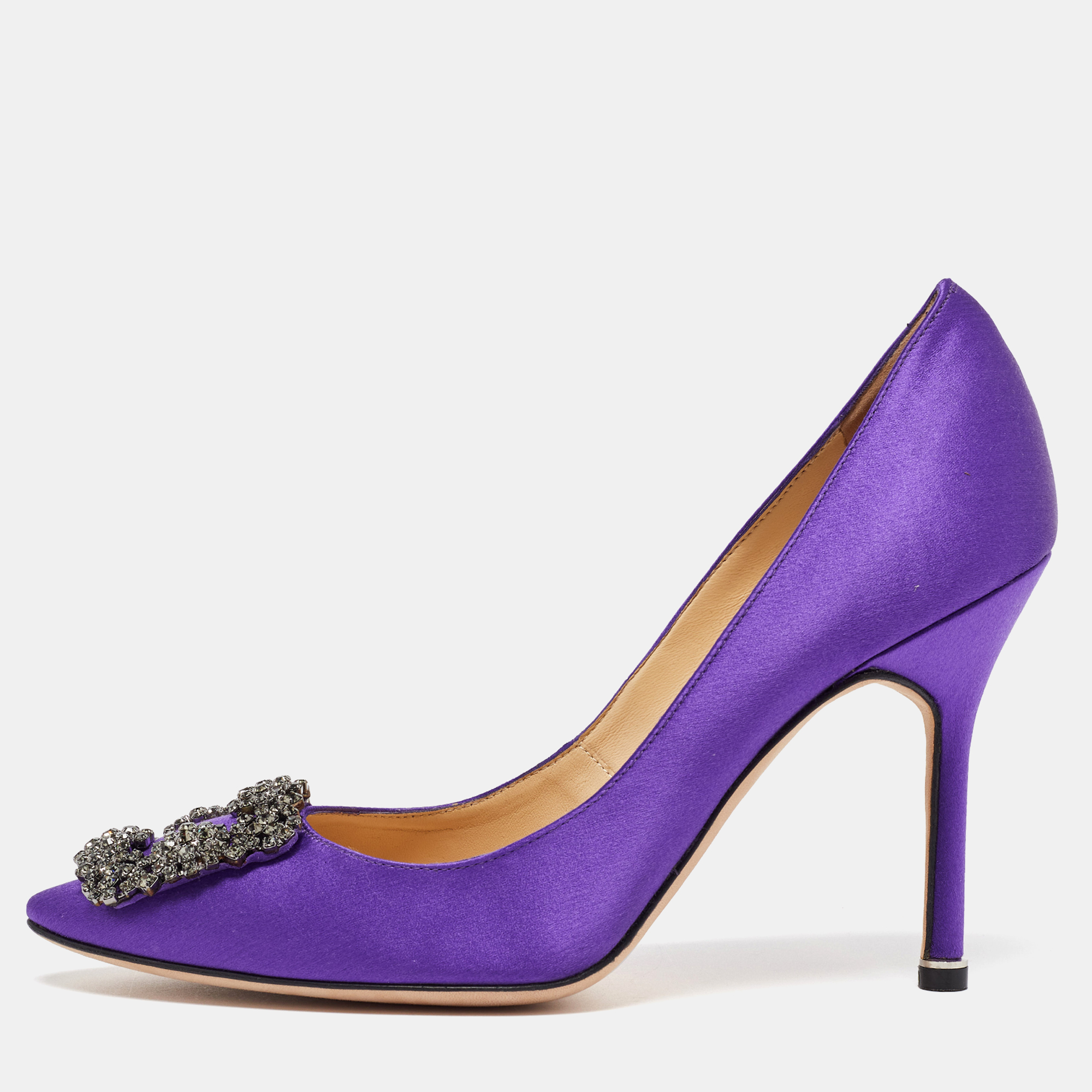 Pre-owned Manolo Blahnik Purple Satin Hangisi Crystal Embellished Pumps Size 37.5