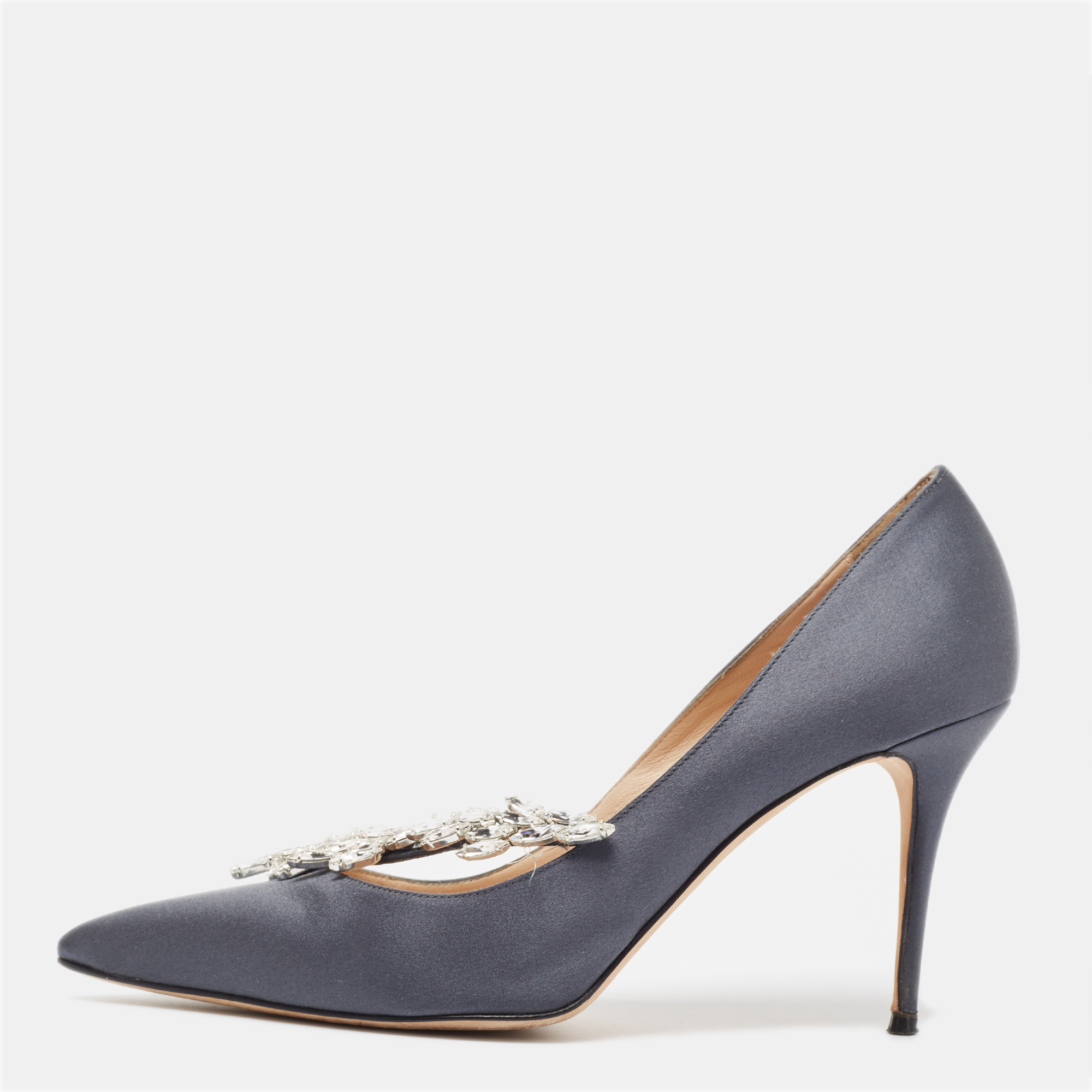 

Manolo Blahnik Grey Satin Nadira Pumps Size