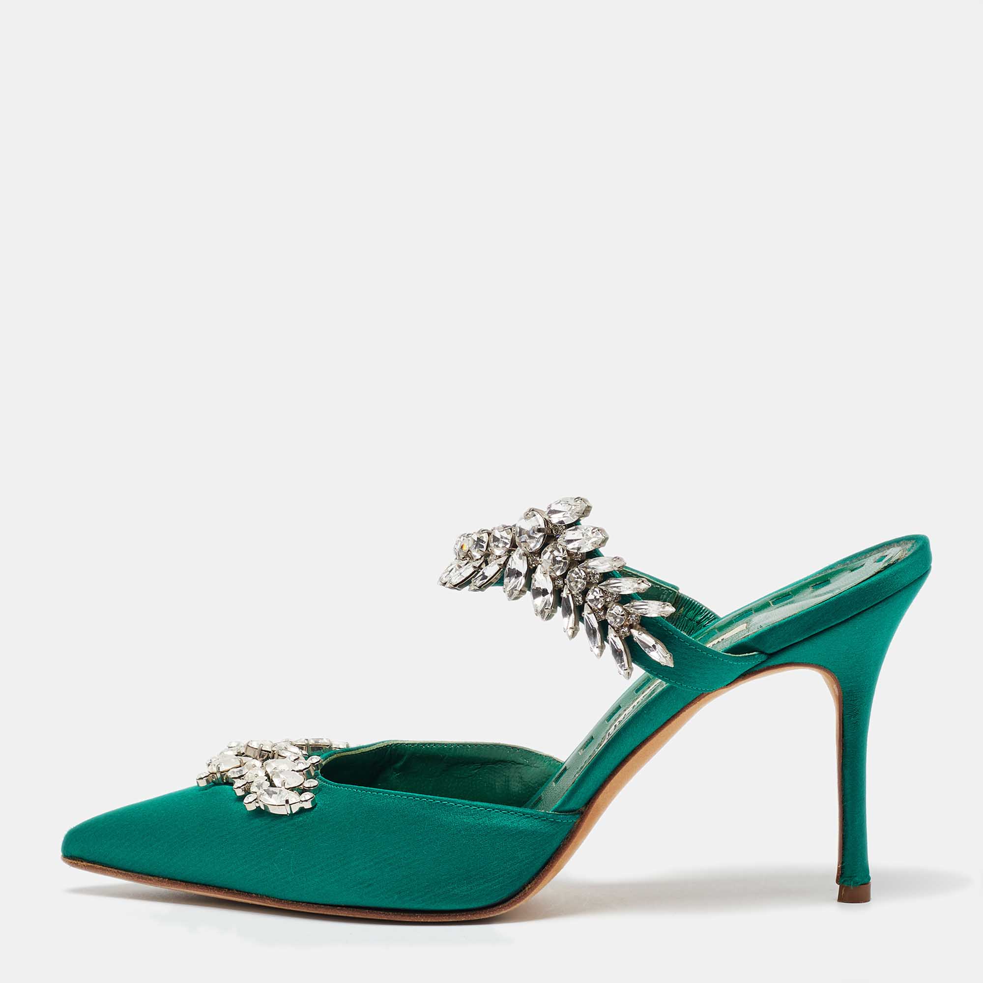 

Manolo Blahnik Green Satin Lurum Heel Mules Size