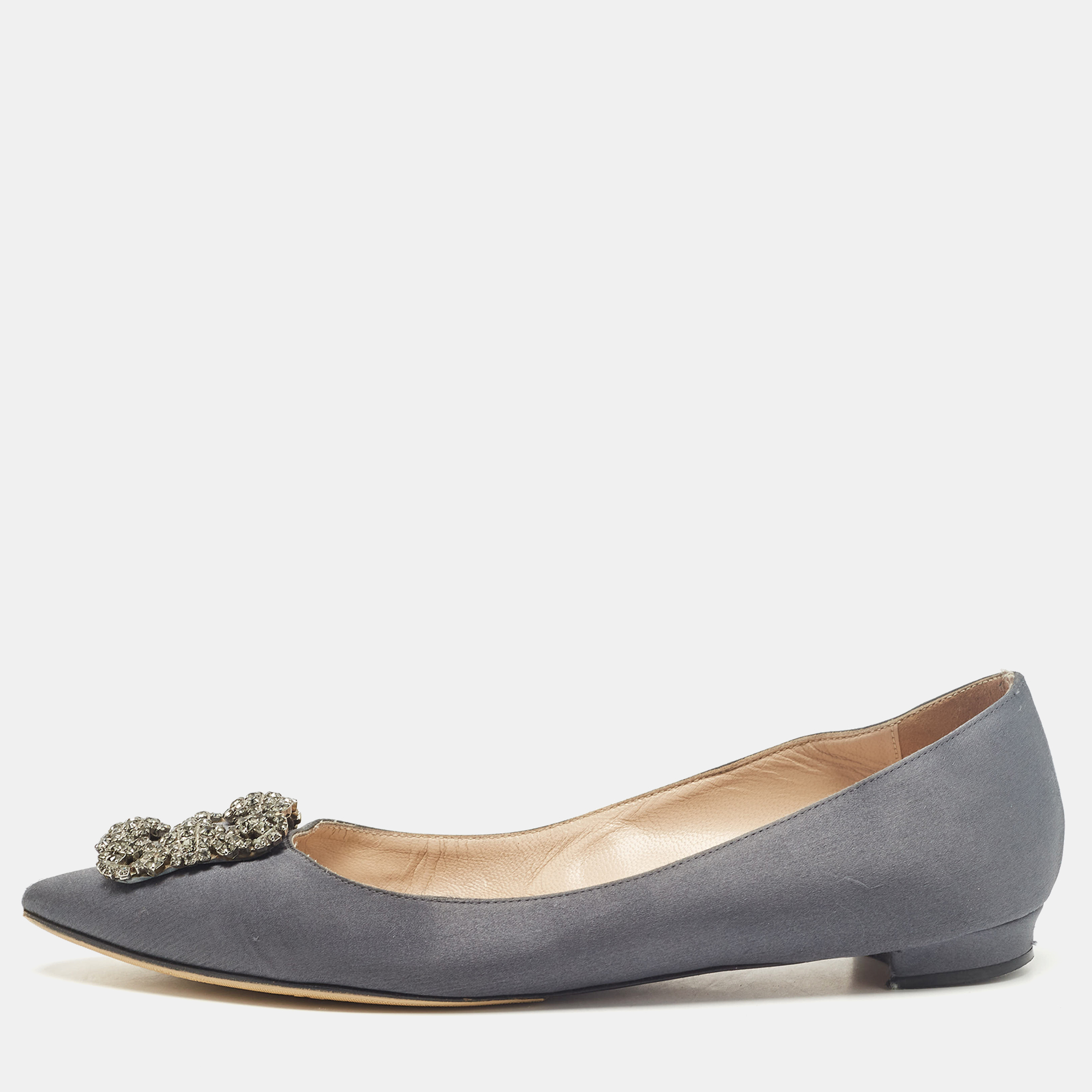 Pre-owned Manolo Blahnik Grey Satin Hangisi Ballet Flats Size 40