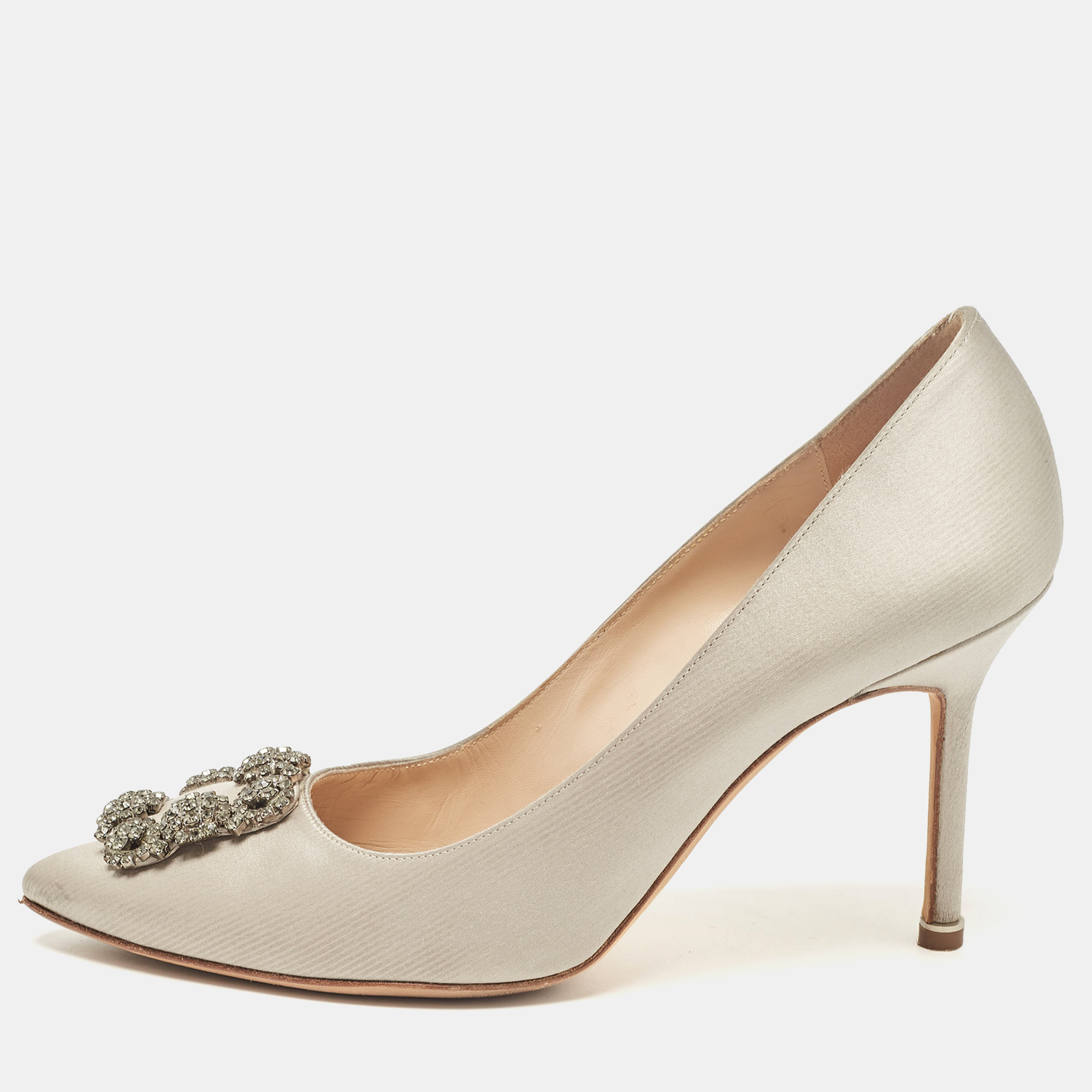 

Manolo Blahnik Grey Satin Hangisi Pumps Size