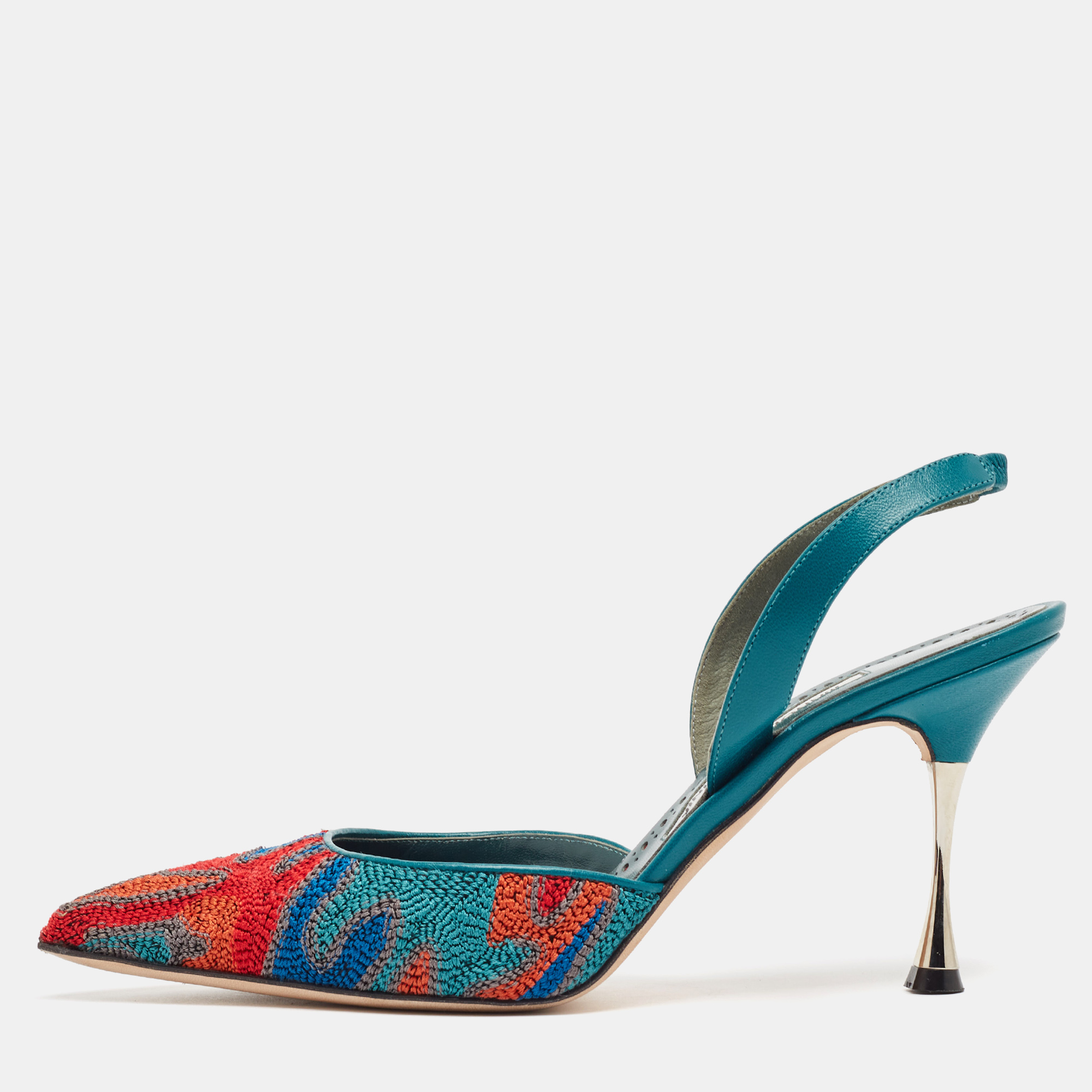 

Manolo Blahnik Multicolor Fabric and Leather Pointed Toe Elastic Pumps Size