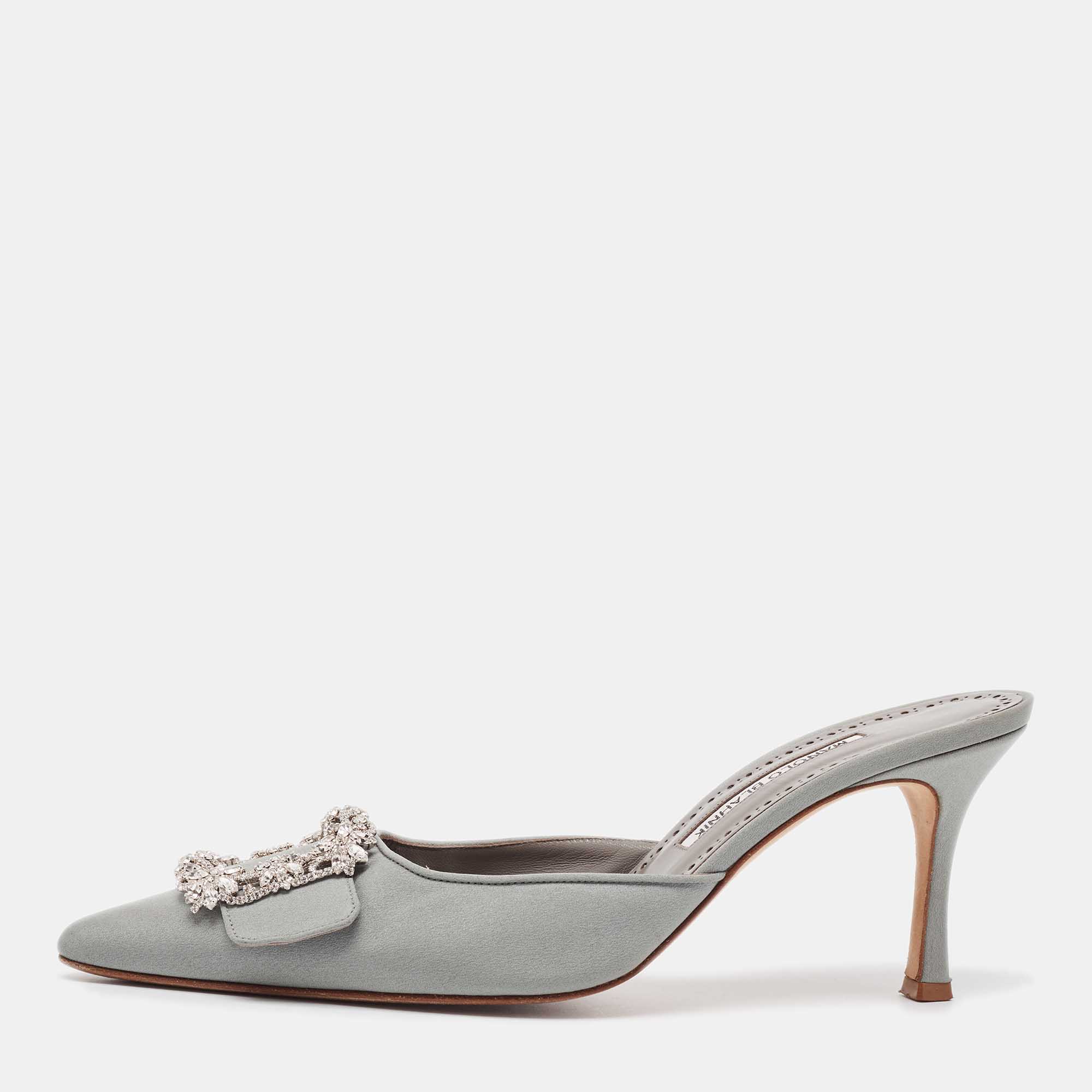 

Manolo Blahnik Grey Satin Maysale Mules Size