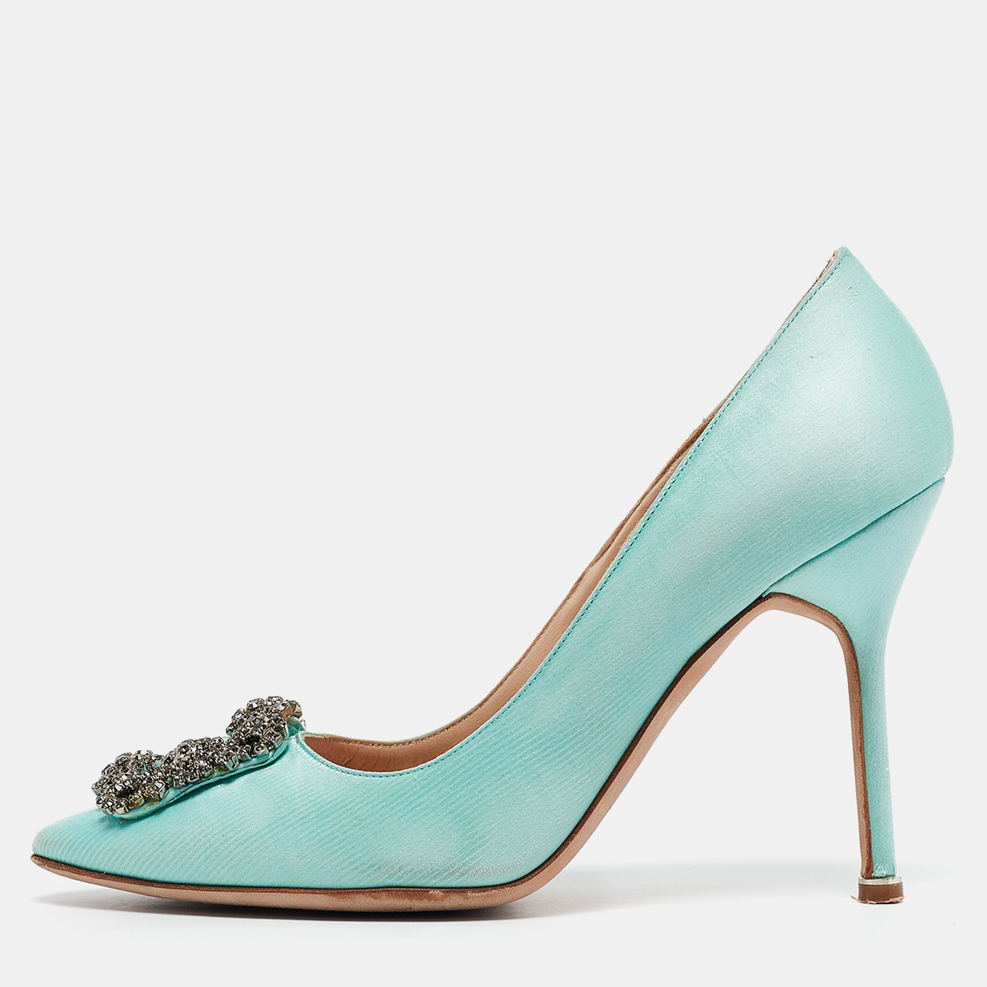 Pre-owned Manolo Blahnik Aqua Blue Satin Hangisi Pumps Size 38