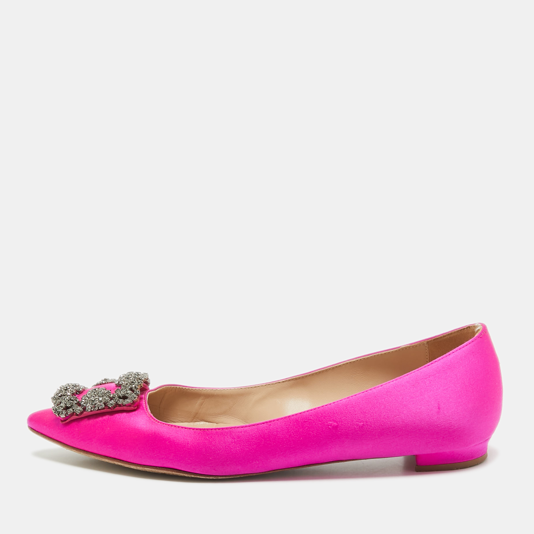 Pre-owned Manolo Blahnik Pink Satin Hangisi Ballet Flats Size 37.5