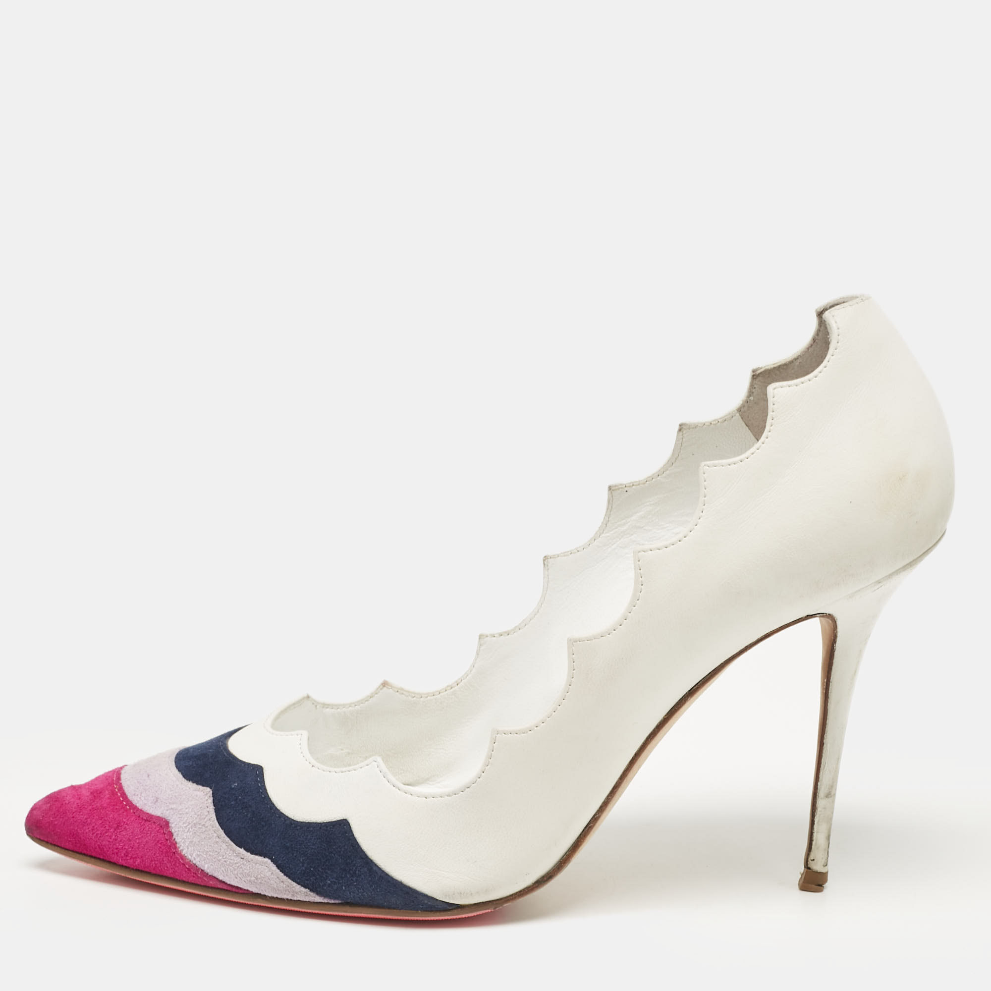 

Manolo Blahnik White/Tricolor Leather and Suede Pointed Toe Pumps Size