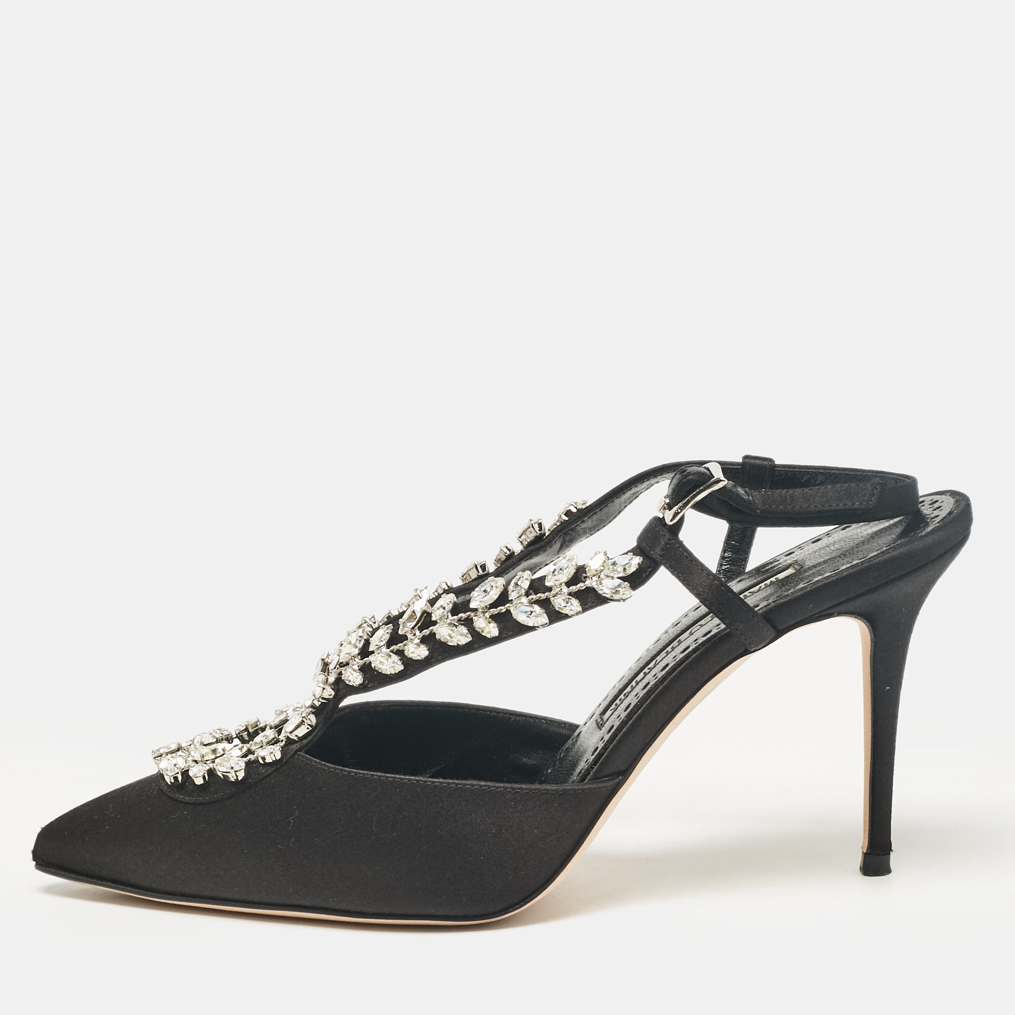 

Manolo Blahnik Black Satin Crystal Embellished Slingback Pumps Size