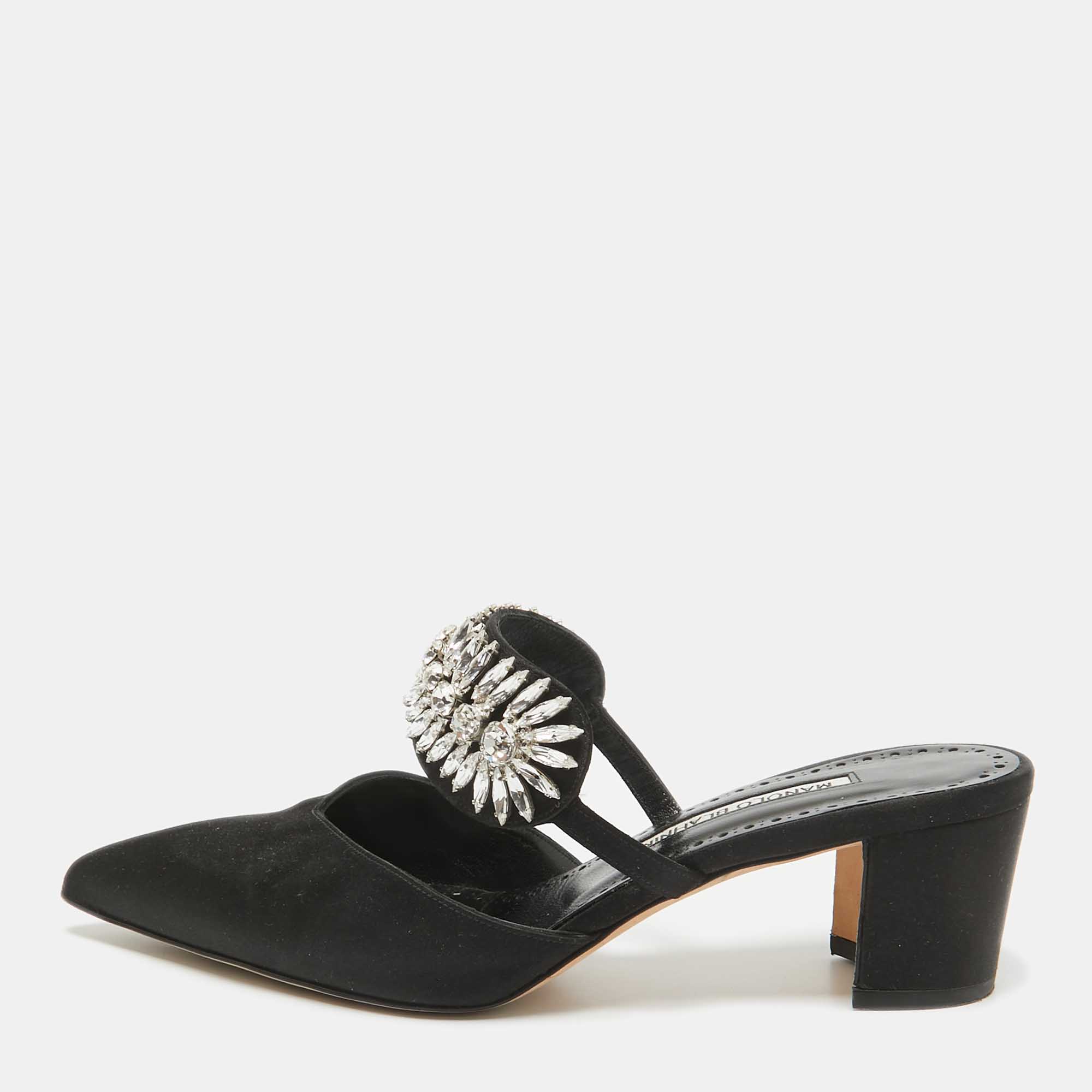 

Manolo Blahnik Black Satin Crystal Embellished Mules Size