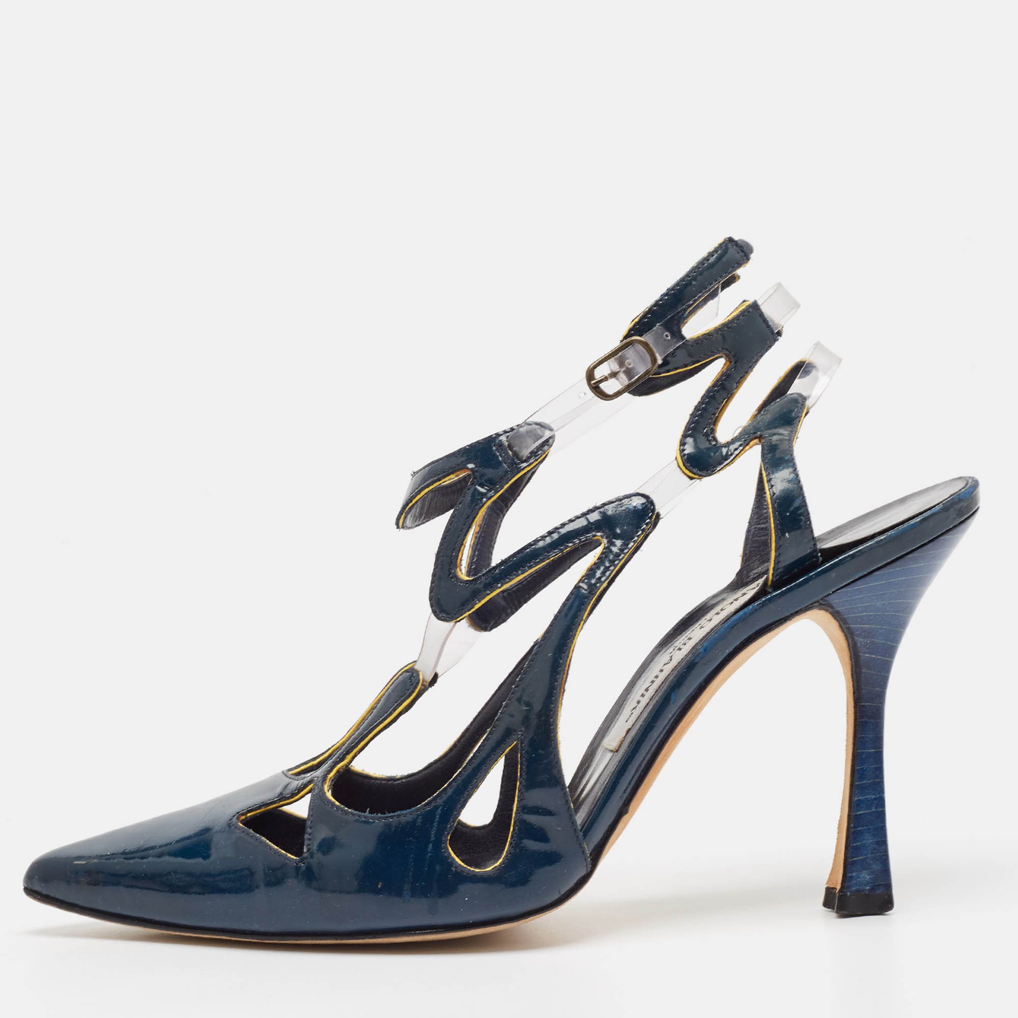 Pre-owned Manolo Blahnik Blue Patent Leather And Pvc Pumps Size 37.5