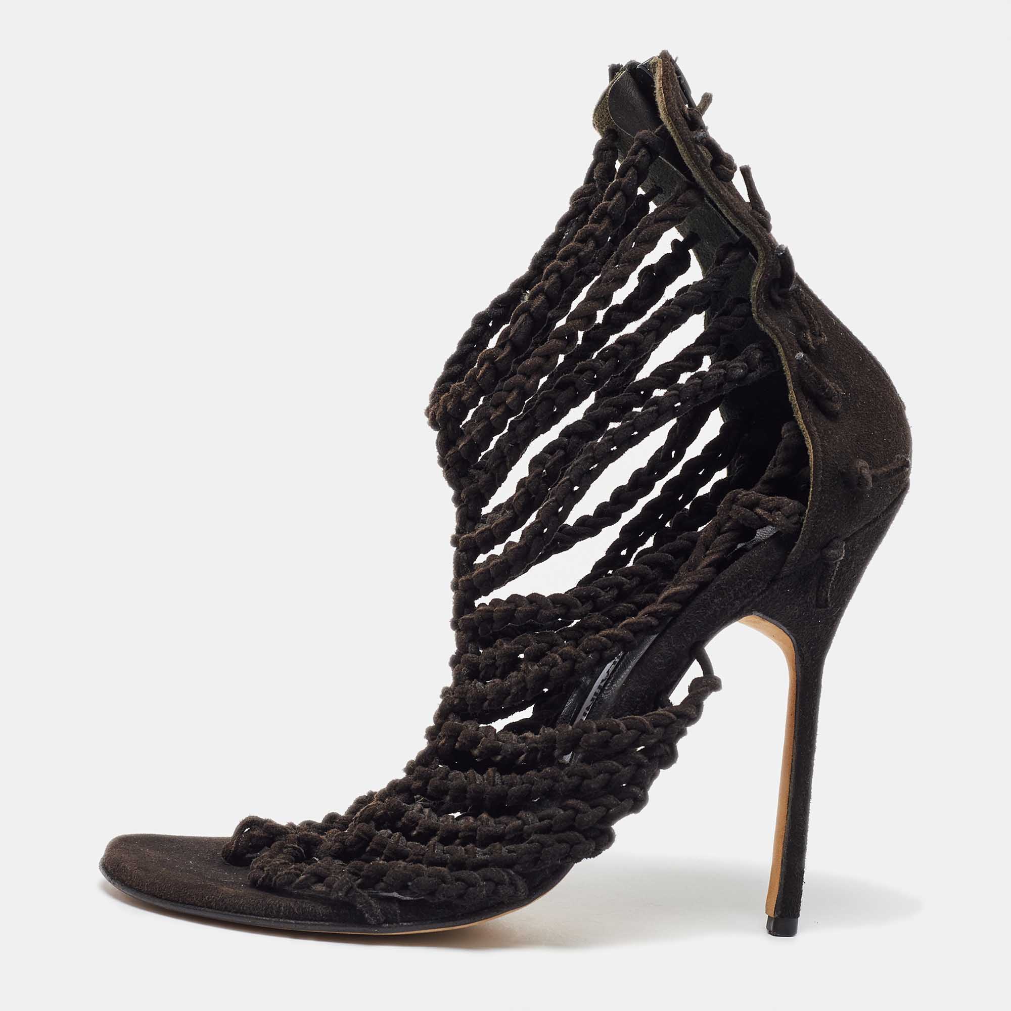 

Manolo Blahnik Black Suede Braided Ankle Strap Sandals Size