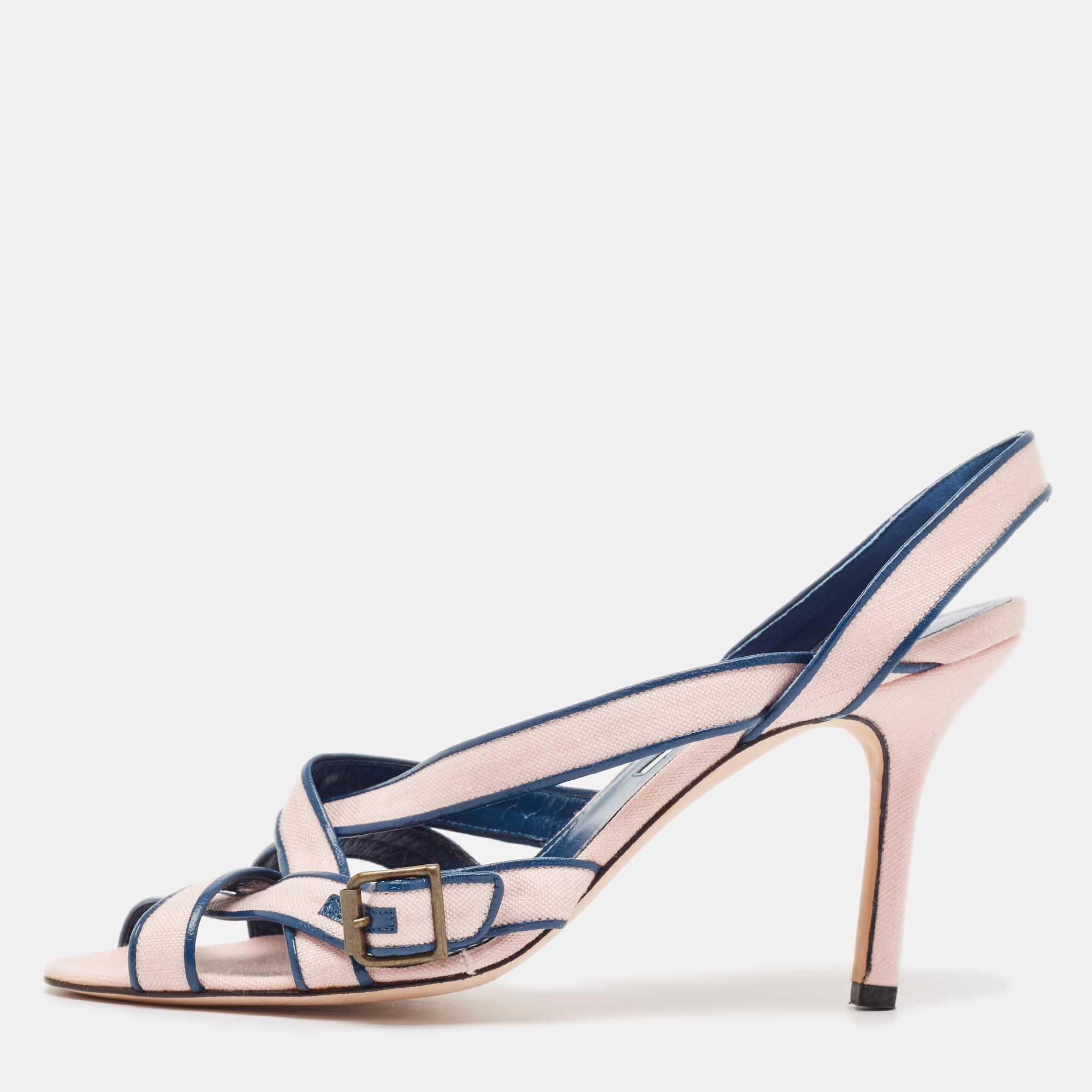 

Manolo Blahnik Pink/Blue Canvas and Leather Ankle Strap Sandals Size