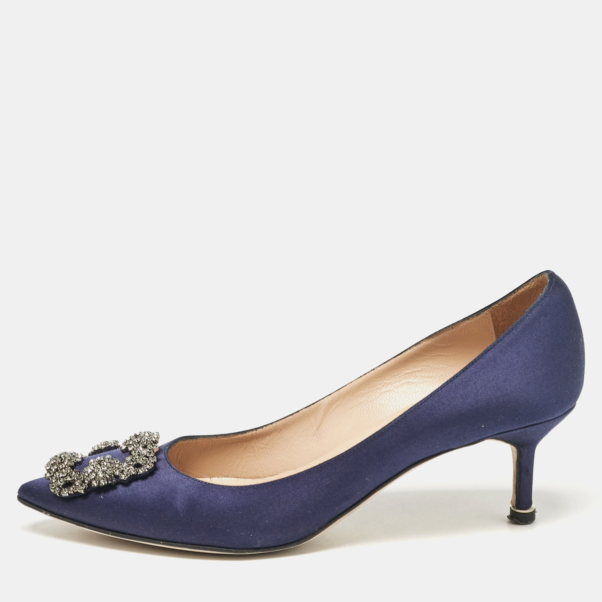 

Manolo Blahnik Navy Blue Satin Hangisi Pumps Size