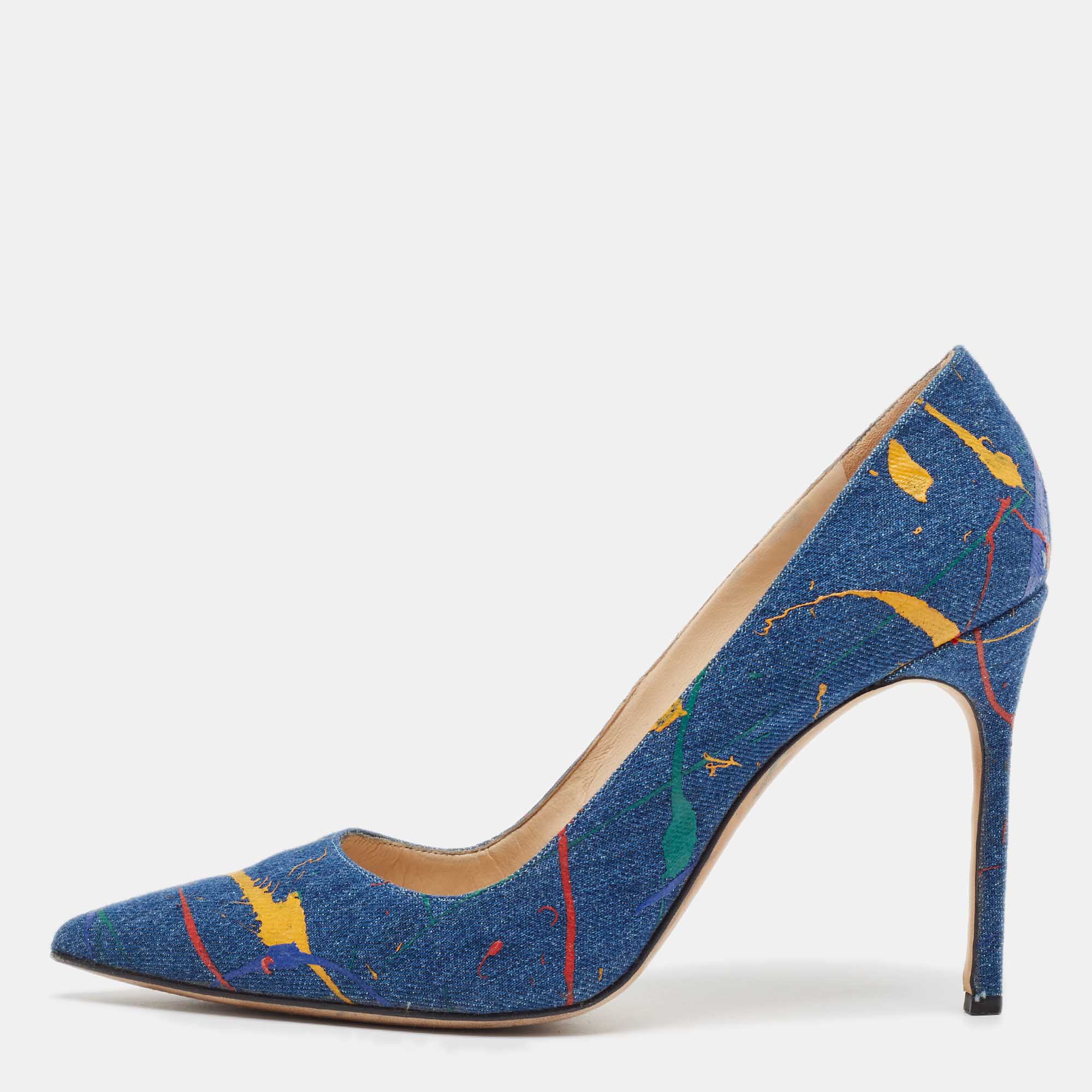 

Manolo Blahnik Blue Denim Paint Splatter BB Pumps Size