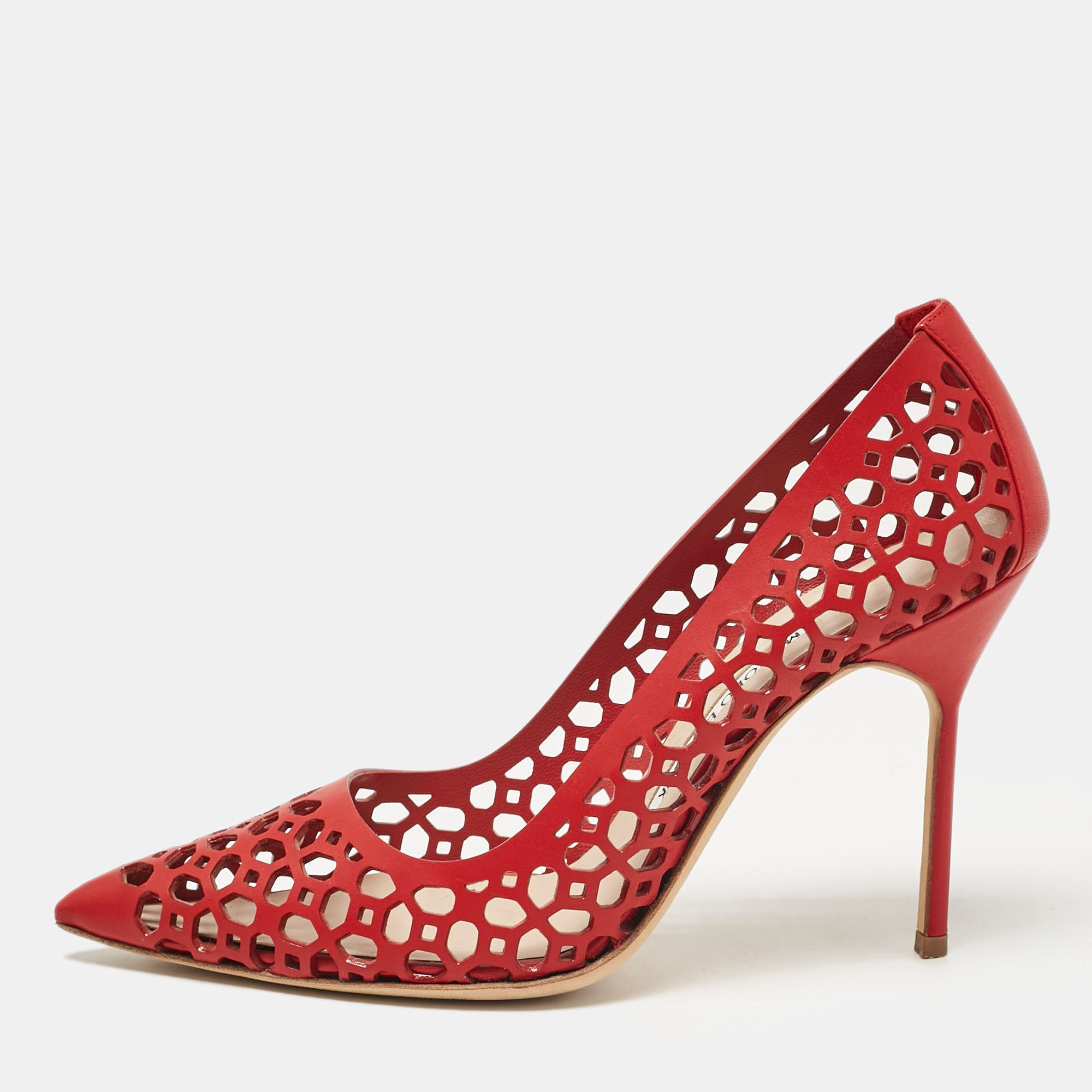 

Manolo Blahnik Red Leather Laserato BB Pumps Size