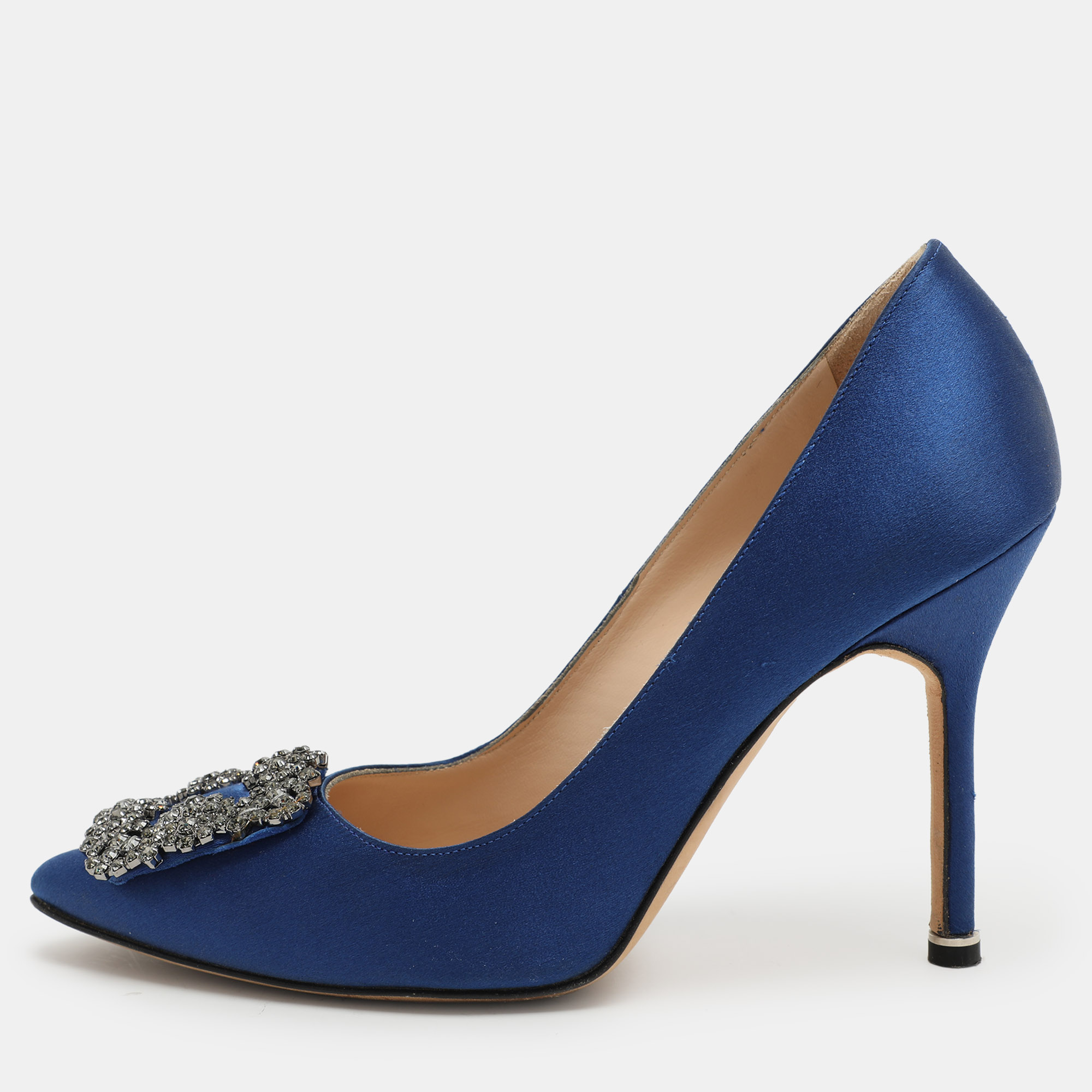 

Manolo Blahnik Blue Satin Hangisi Embellished Pumps Size