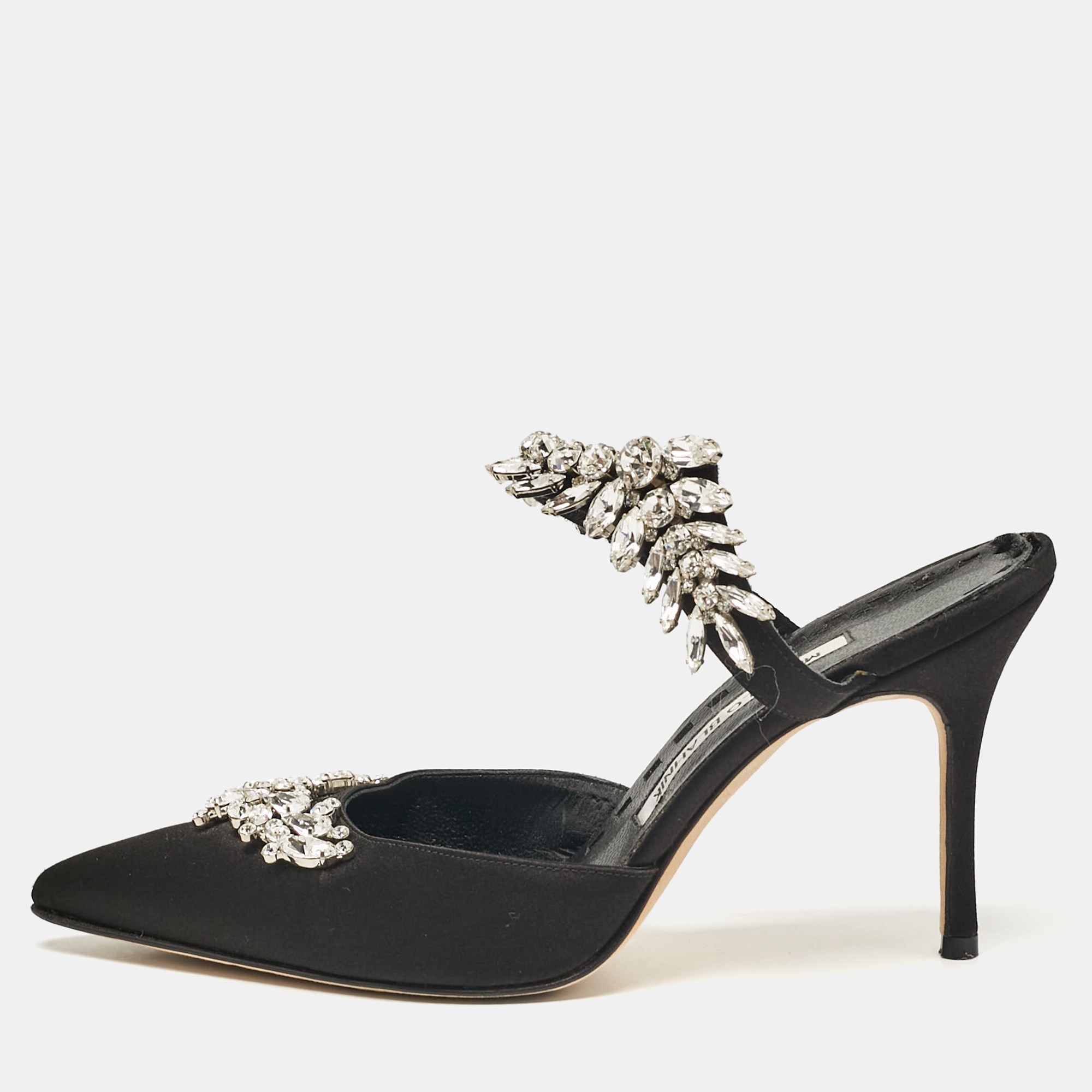 

Manolo Blahnik Black Satin Crystal Embellished Lurum Mules Size