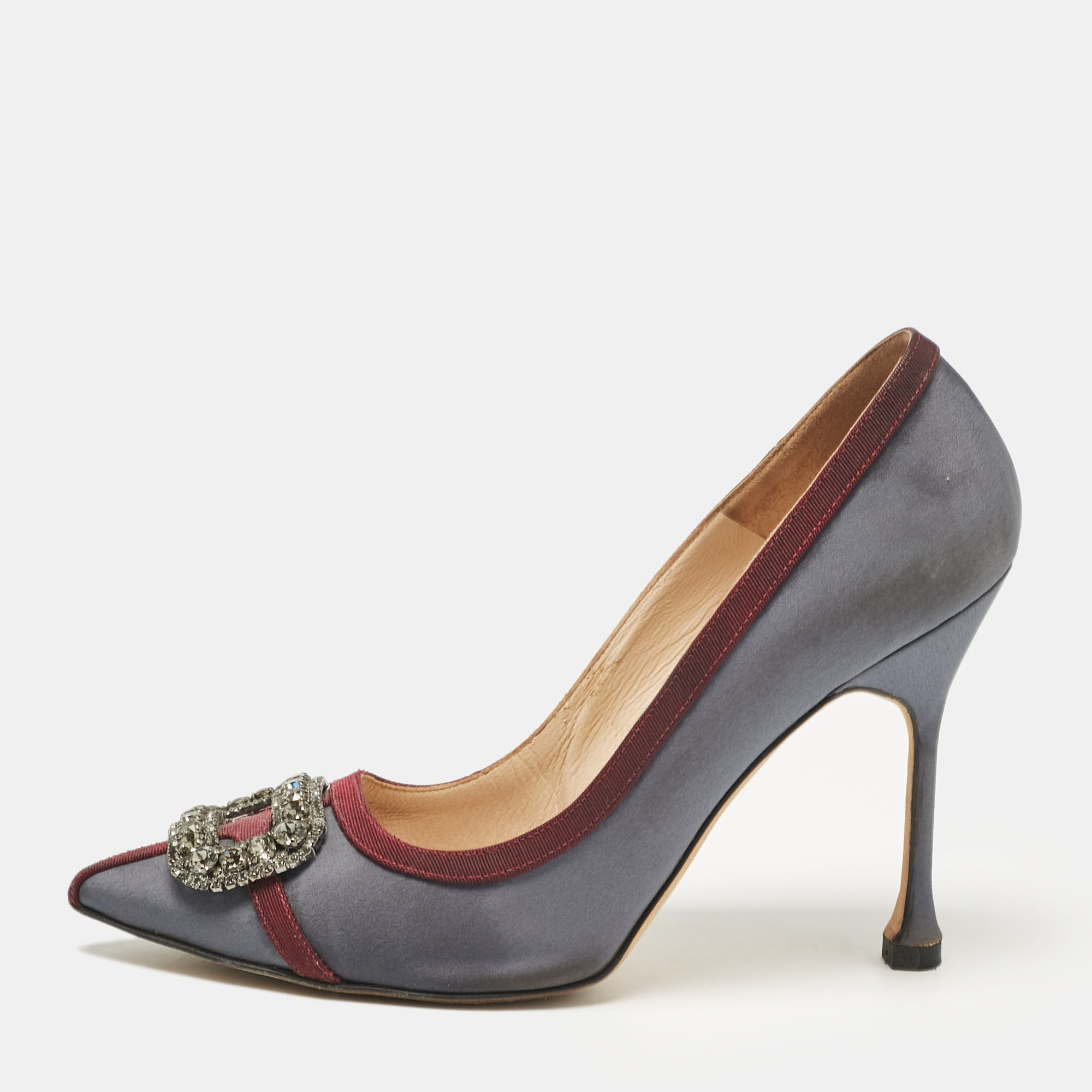 

Manolo Blahnik Grey/Burgundy Satin Gotrian Pumps Size