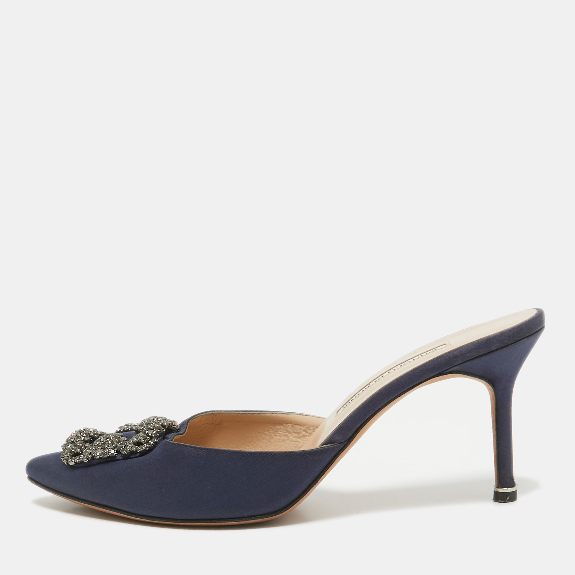 

Manolo Blahnik Navy Blue Satin Hangisi Mules Size