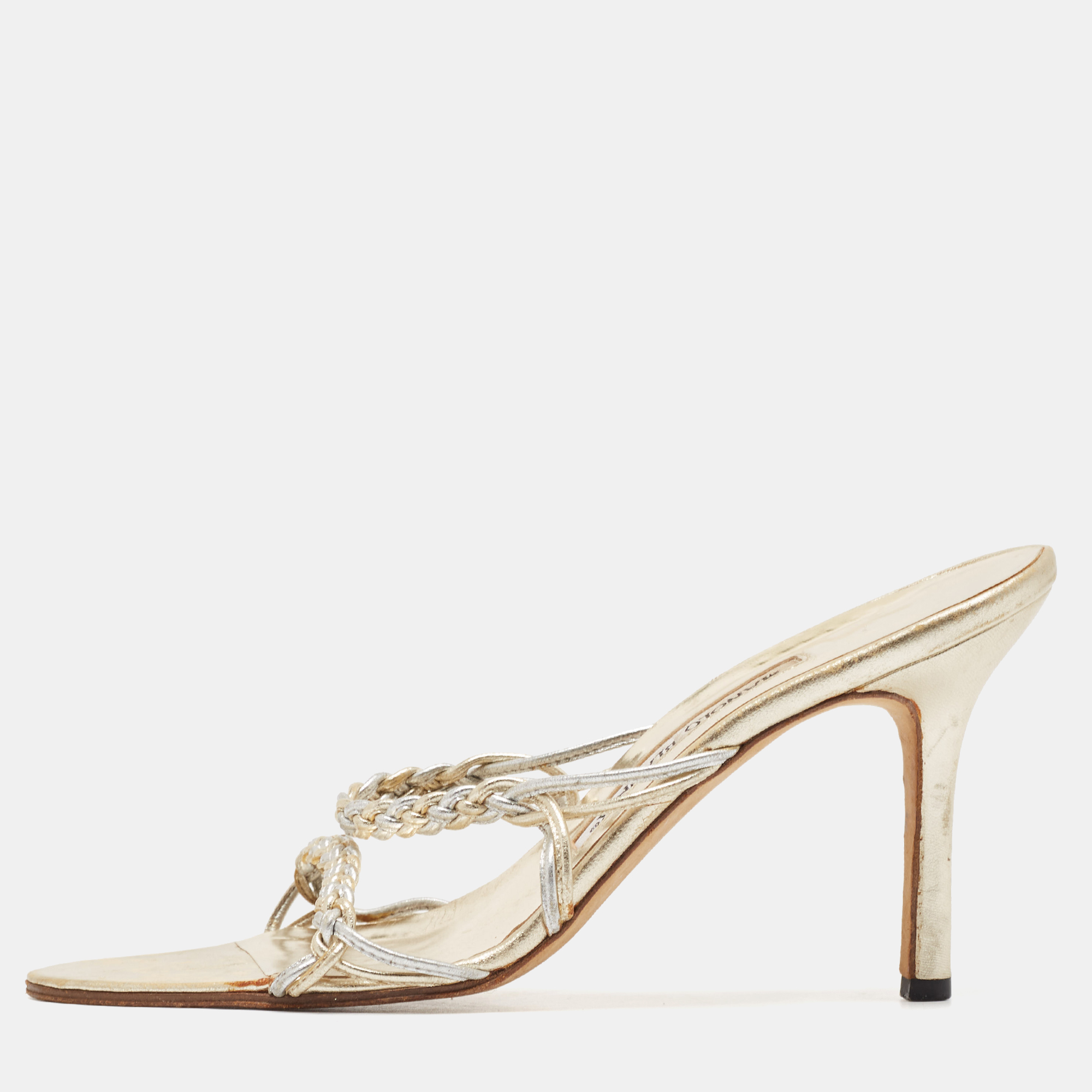 

Manolo Blahnik Silver/Gold Leather Braided Slide Sandals Size