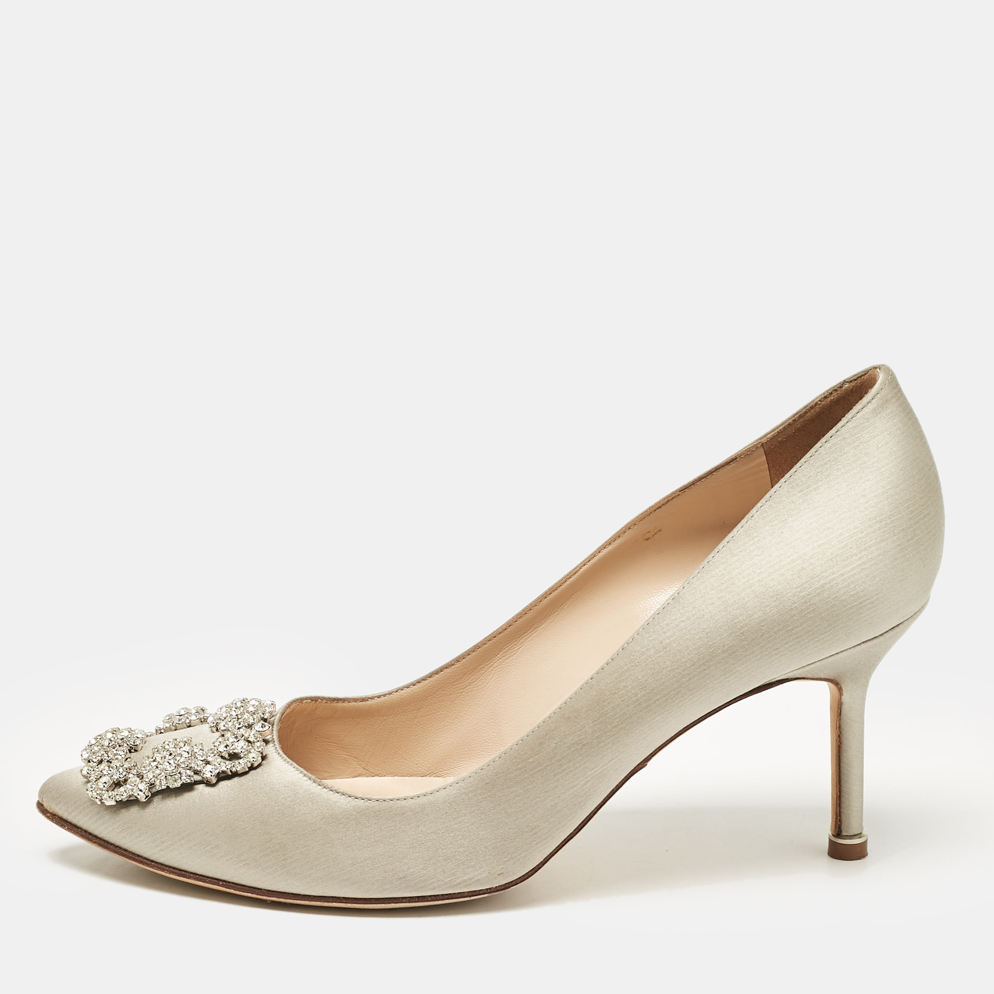 

Manolo Blahnik Light Grey Satin Hangisi Pumps Size