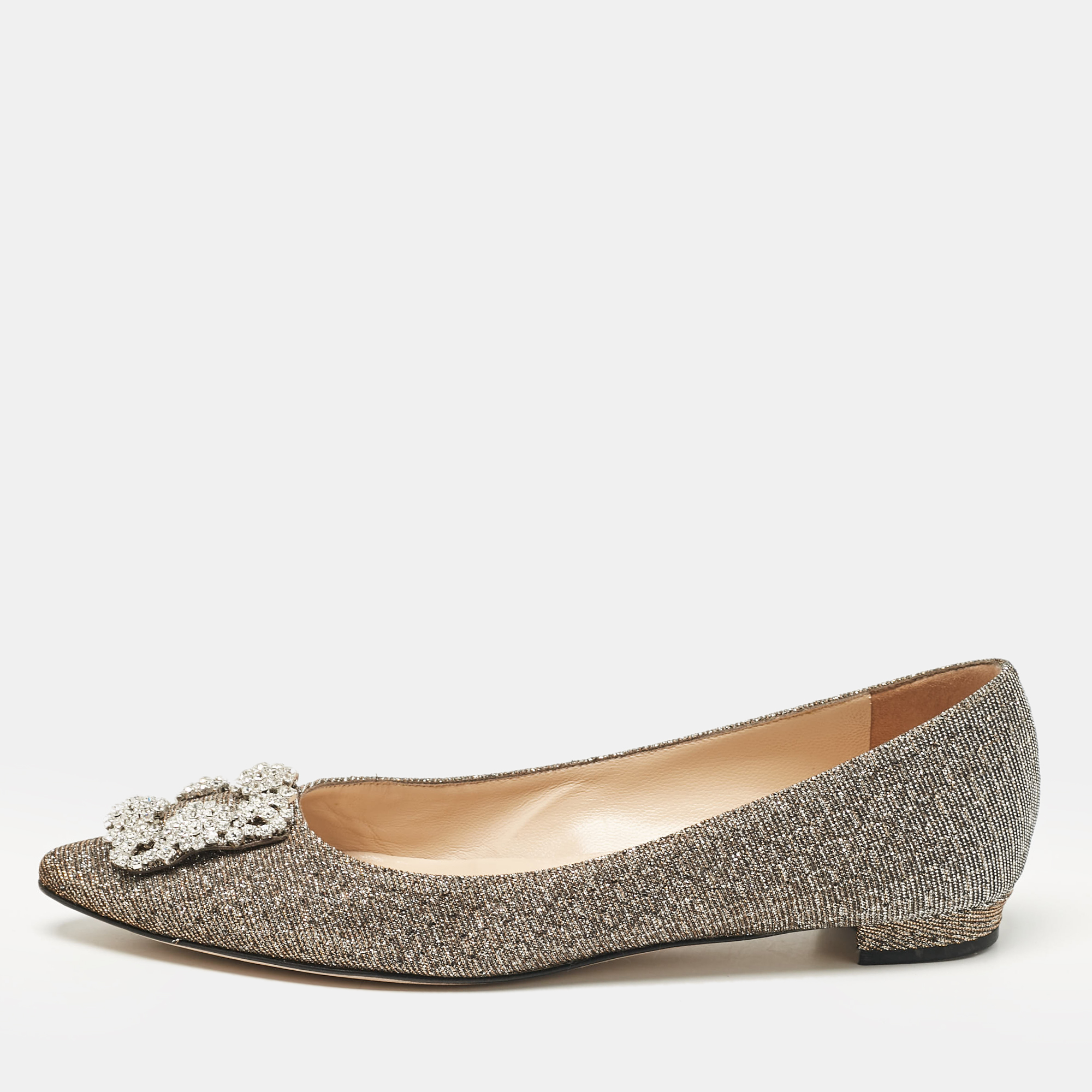 

Manolo Blahnik Gold/Silver Glitter Fabric Hangisi Ballet Flats Size, Metallic