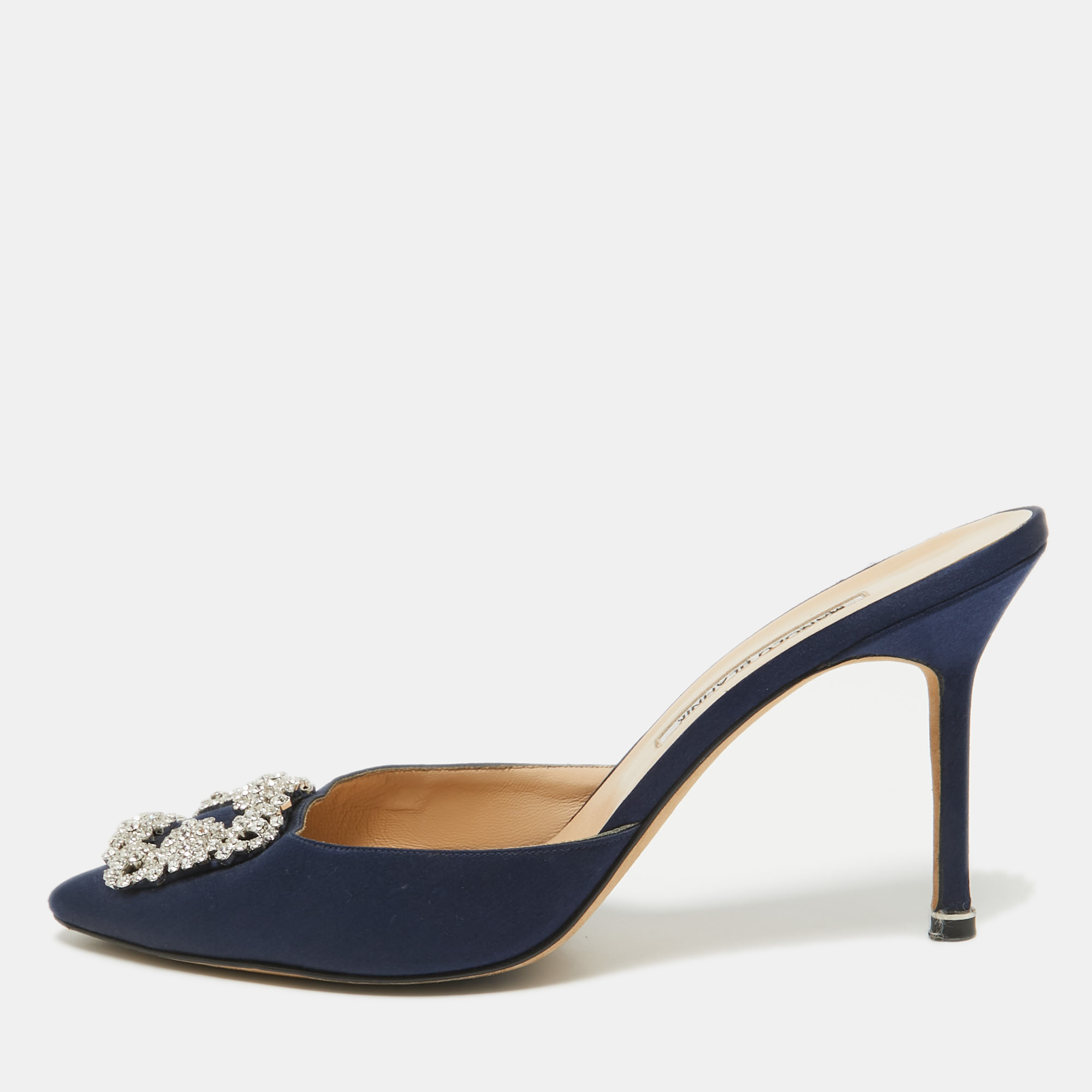 

Manolo Blahnik Navy Blue Satin Hangisi Mules Size