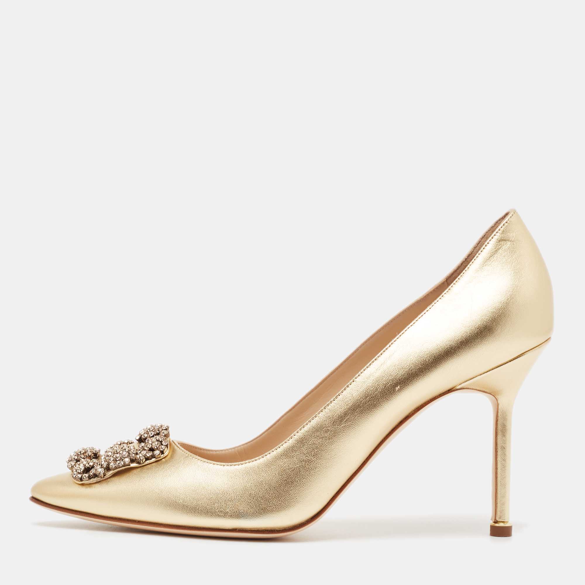 

Manolo Blahnik Gold Leather Hangisi Crystal Embellished Pointed Toe Pumps Size