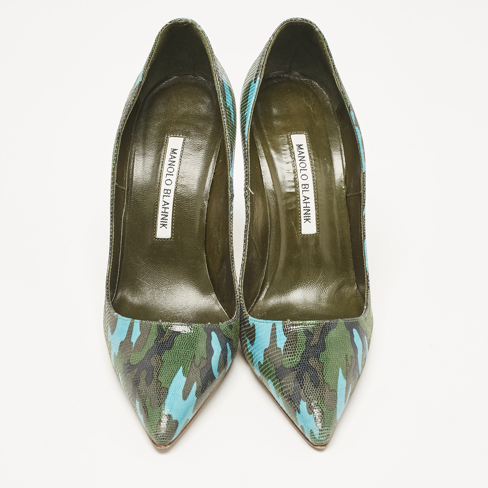Manolo Blahnik Tricolor Camouflage Print Embossed Lizard Pointed Toe Pumps Size 38 