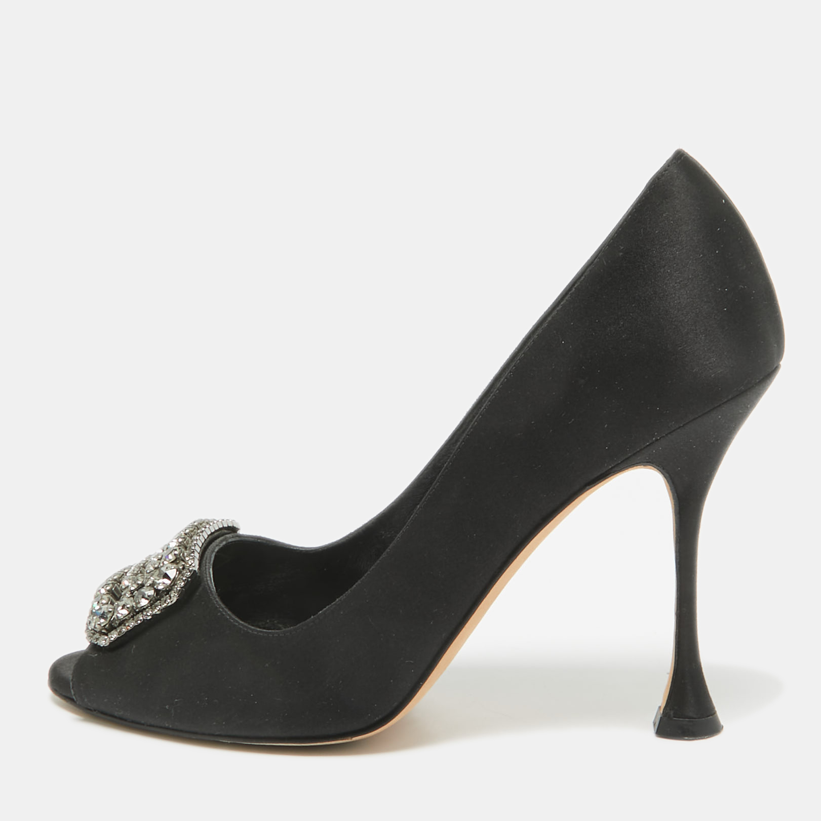 

Manolo Blahnik Black Satin Matik Peep Toe Pumps Size