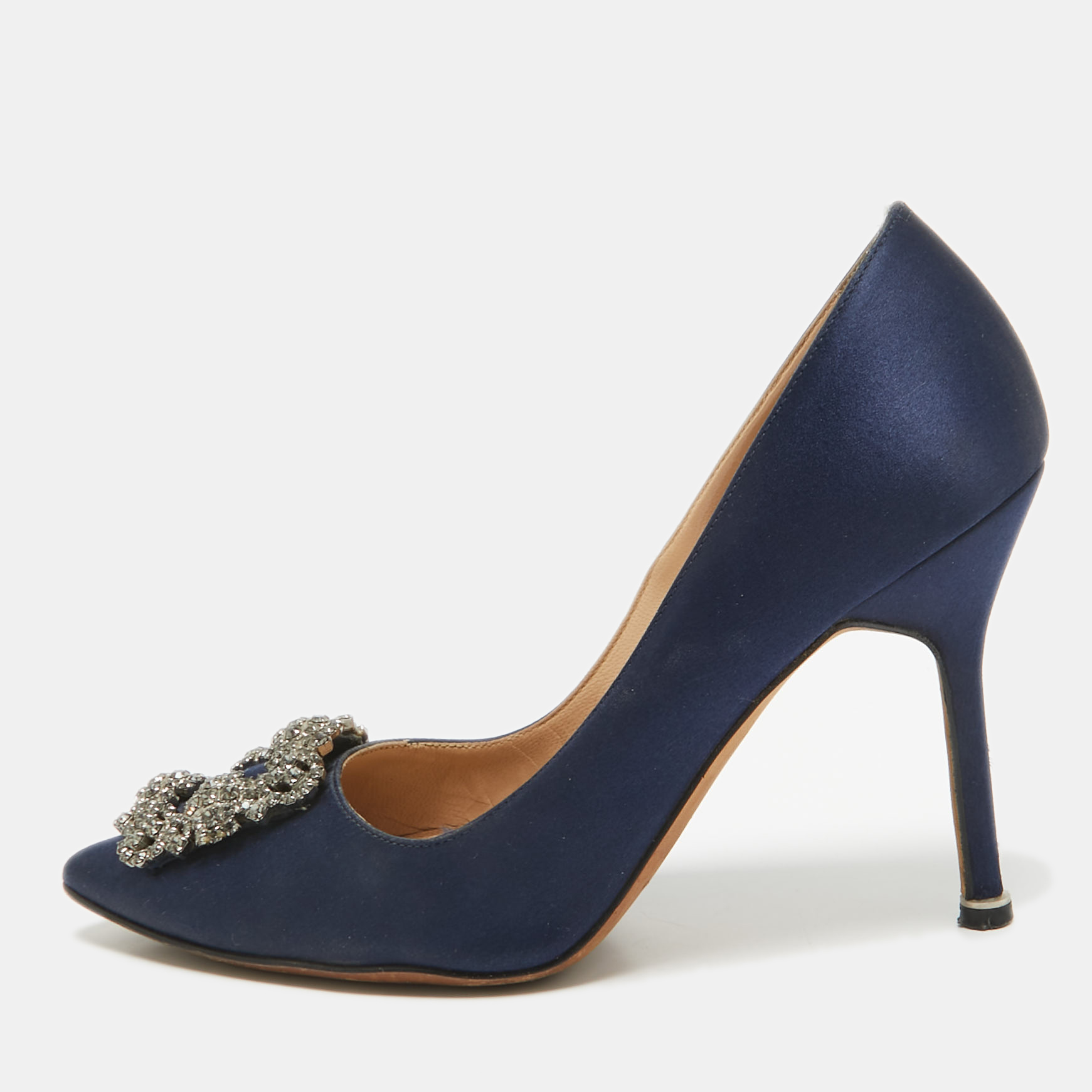 

Manolo Blahnik Navy Blue Satin Hangisi Pumps Size