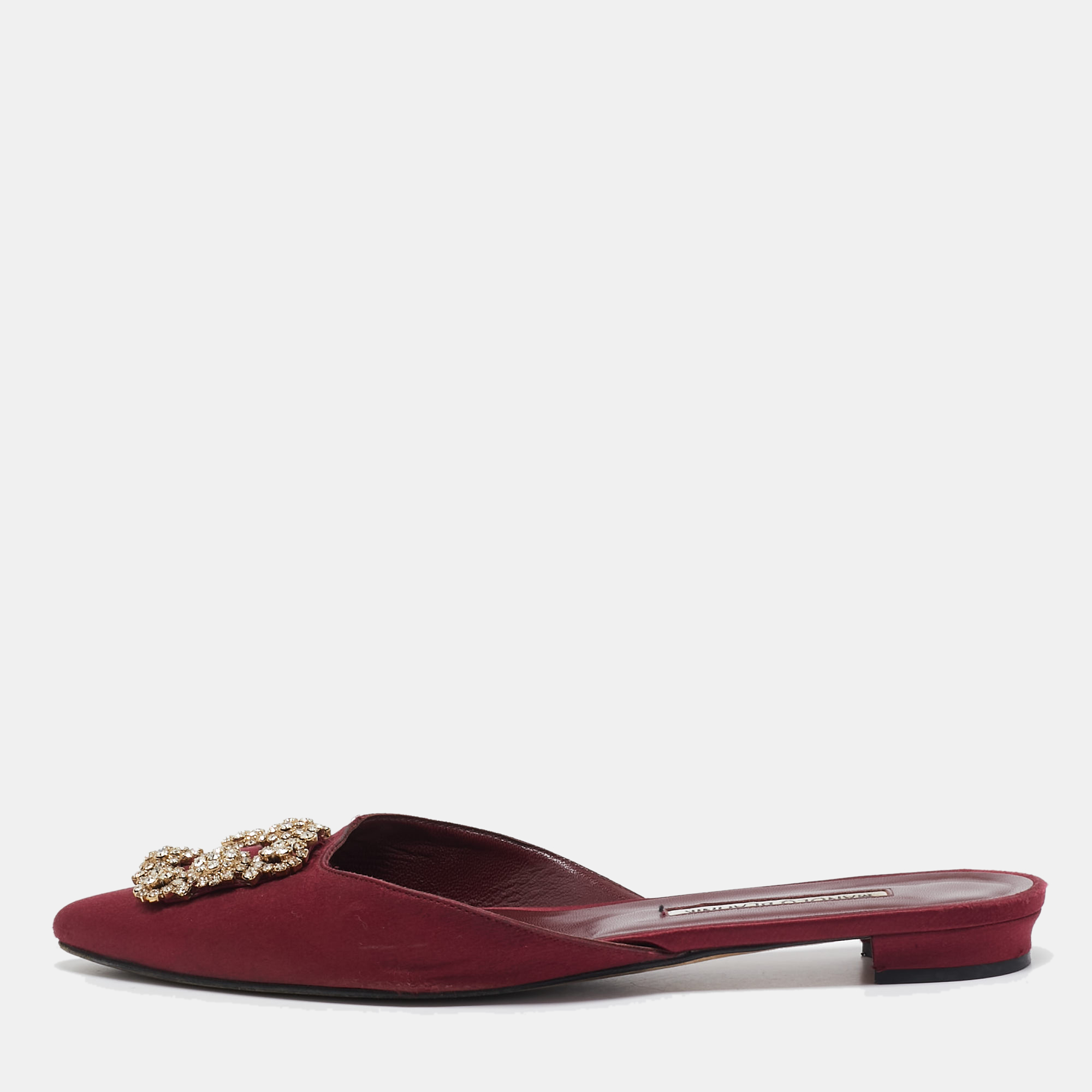 

Manolo Blahnik Burgundy Satin Hangisi Crystal Embellished Flat Mules Size