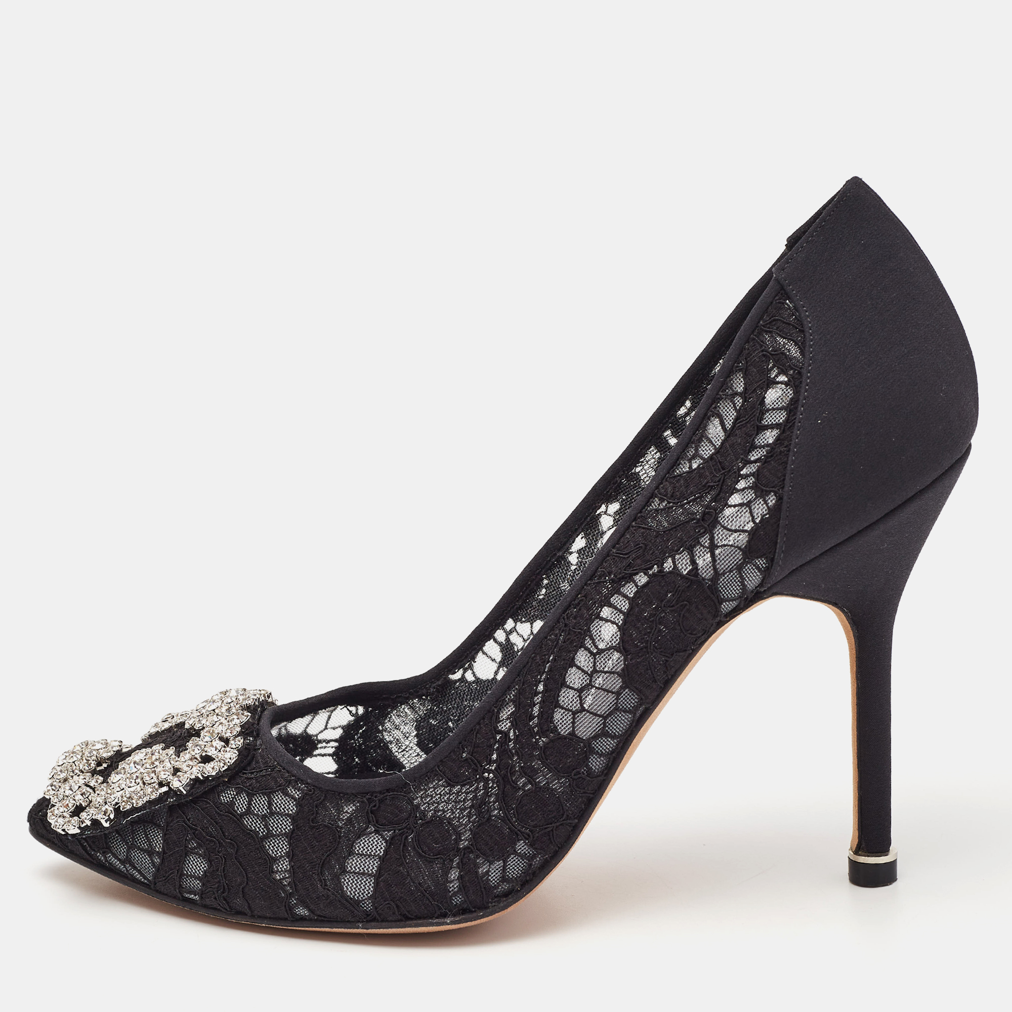 

Manolo Blahnik Black Lace and Mesh Hangisi Pumps Size