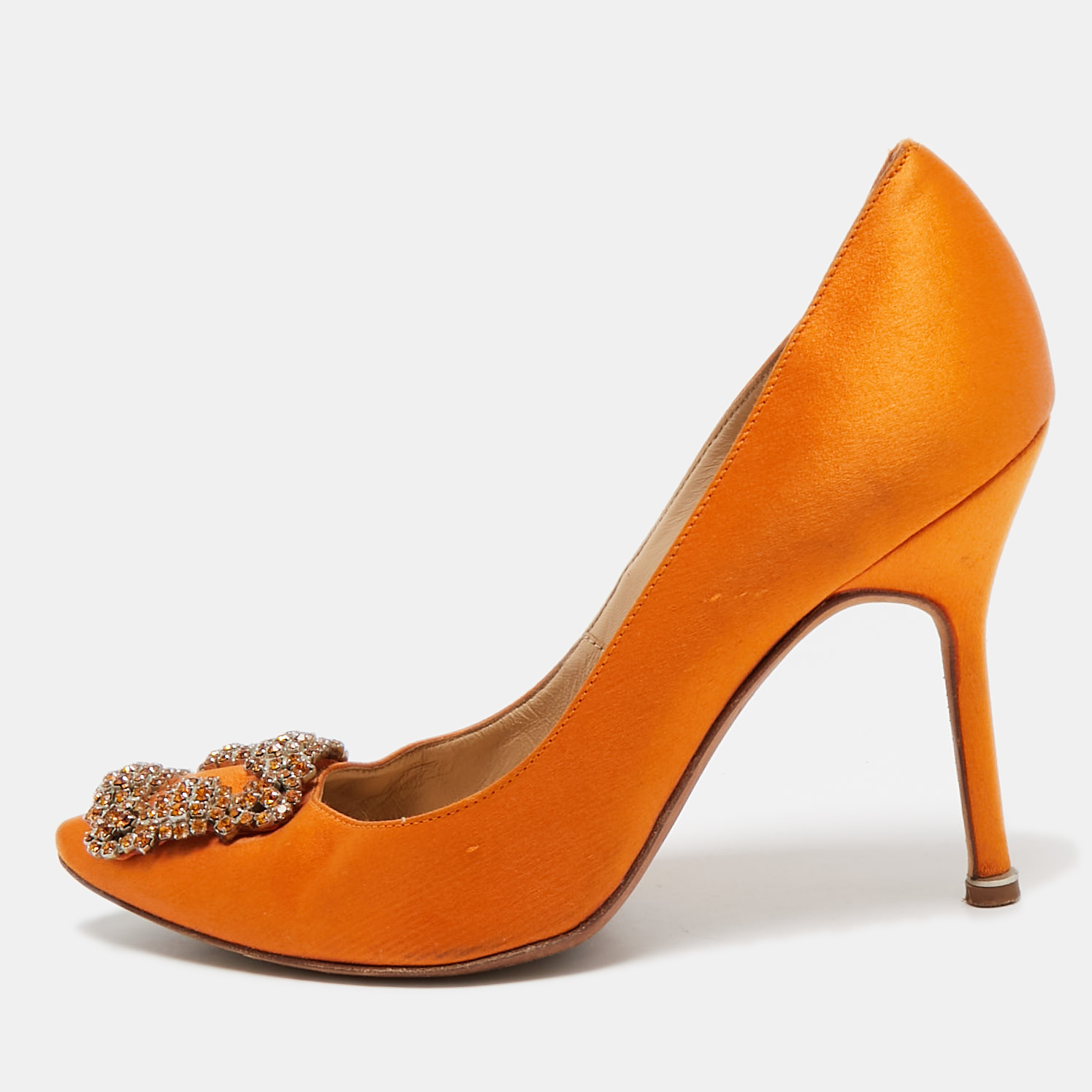 

Manolo Blahnik Orange Satin Hangisi Crystal Embellished Pumps Size