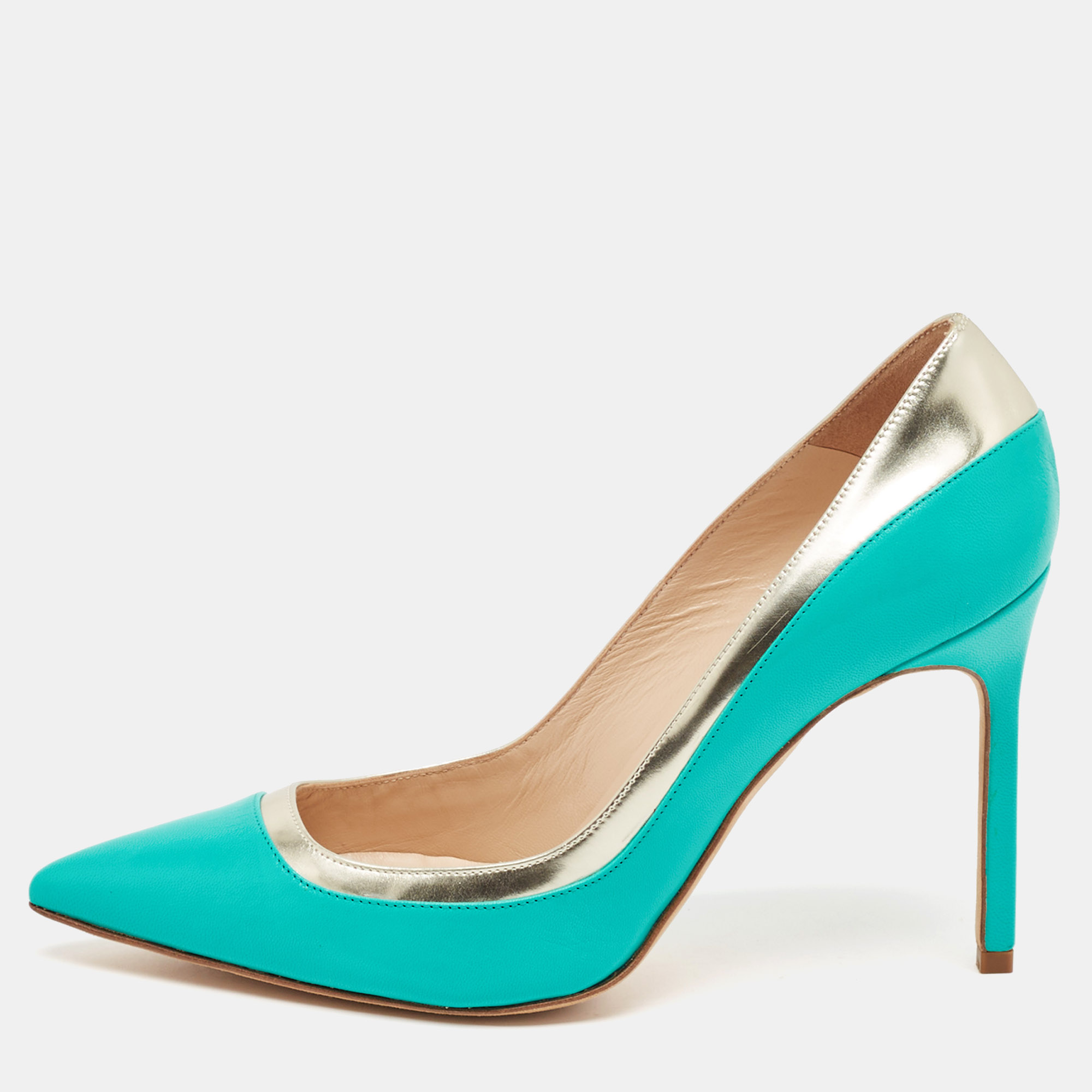 

Manolo Blahnik Turquoise Blue Leather Pertati Pointed Toe Pumps Size