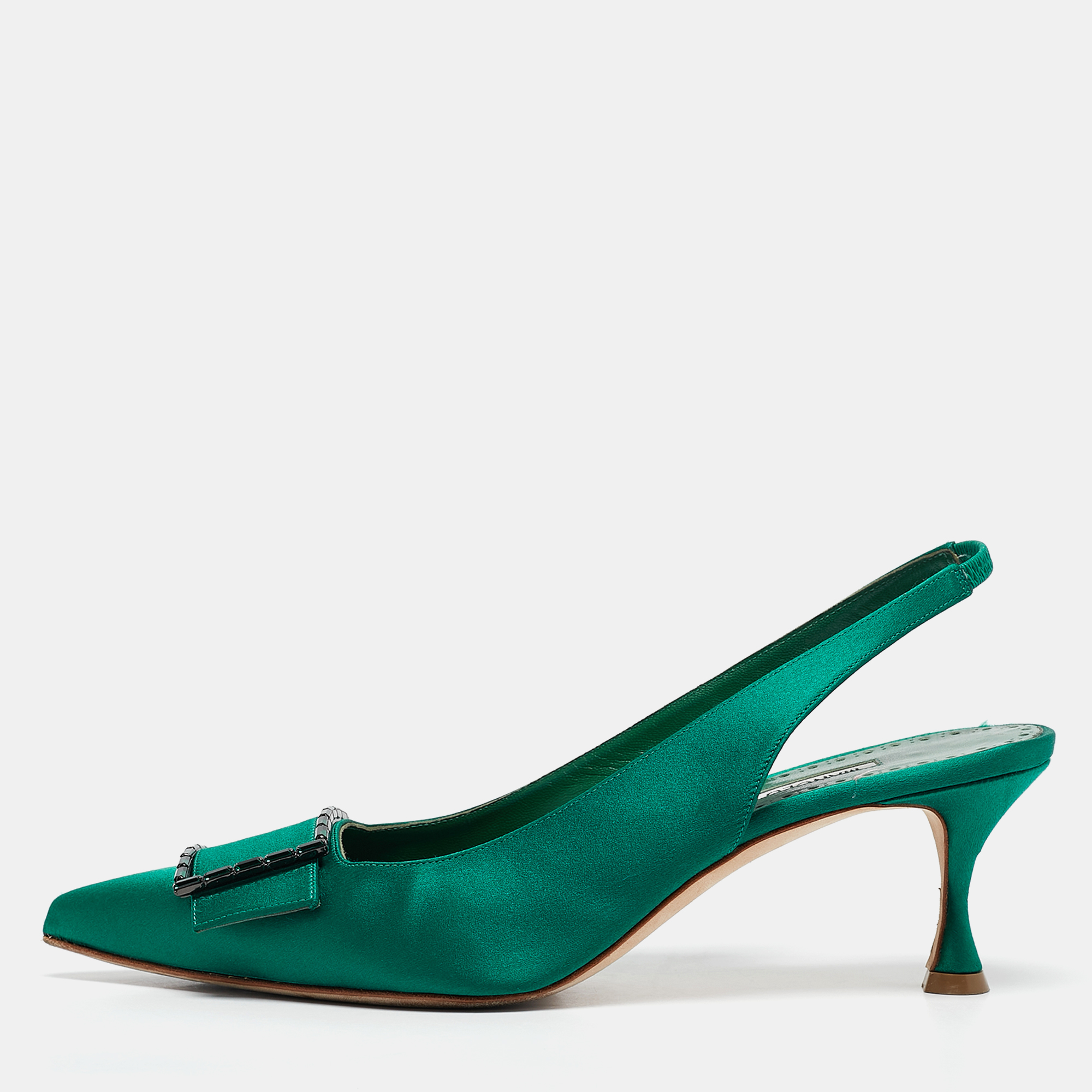 

Manolo Blahnik Green Satin Dolores Slingback Pumps Size