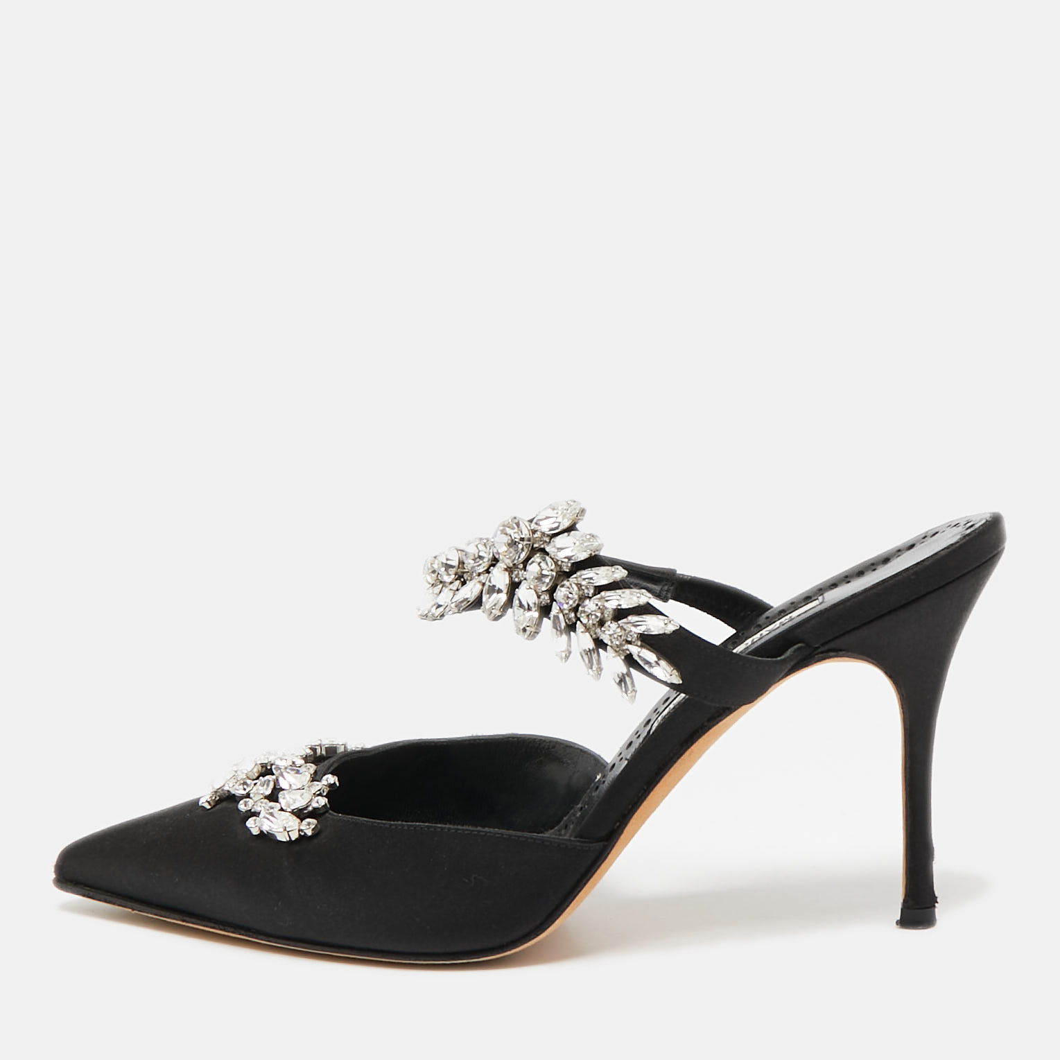 

Manolo Blahnik Black Satin Crystal Embellished Lurum Mules Size